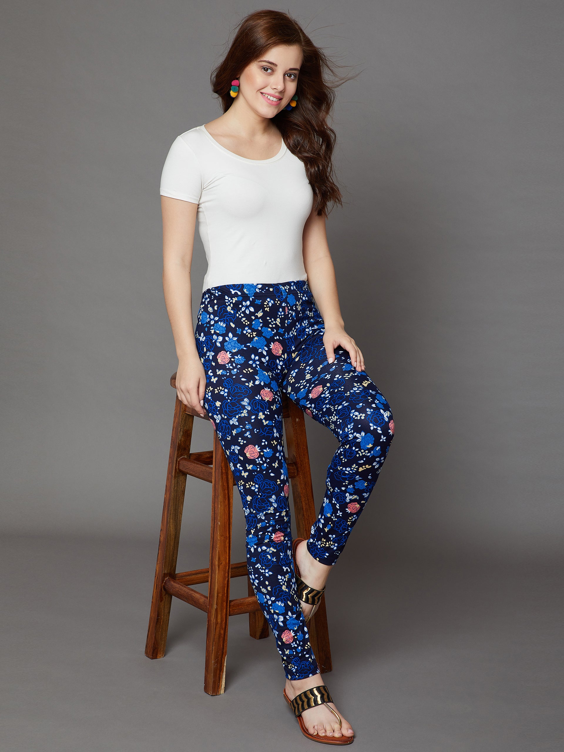Blue Floral Printed Legging Free Size