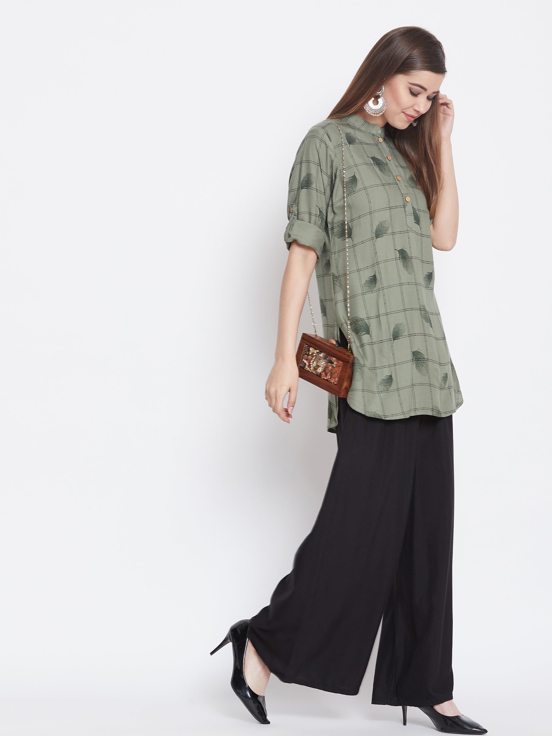 Deltagrey with Feather Print Short Kurta