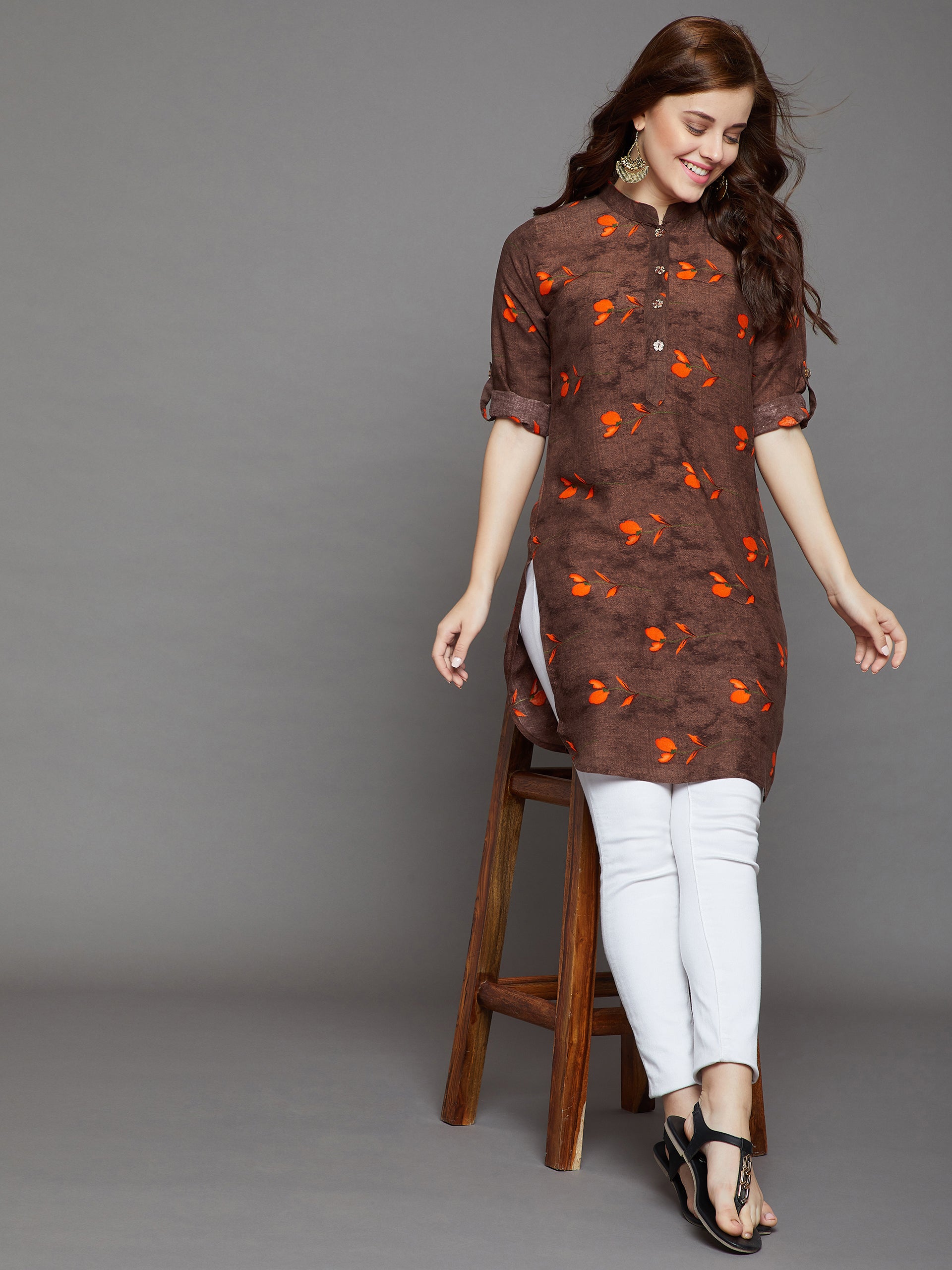 Orange Tulips Printed Kurti