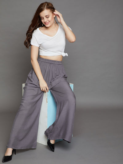 Grey Plain Rayon Palazzo L Grey