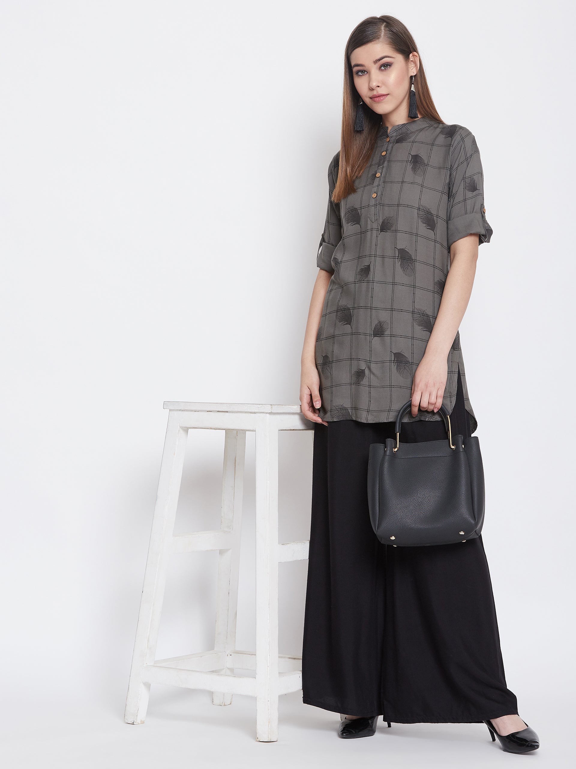 Empressgrey with Feather Print Short Kurta