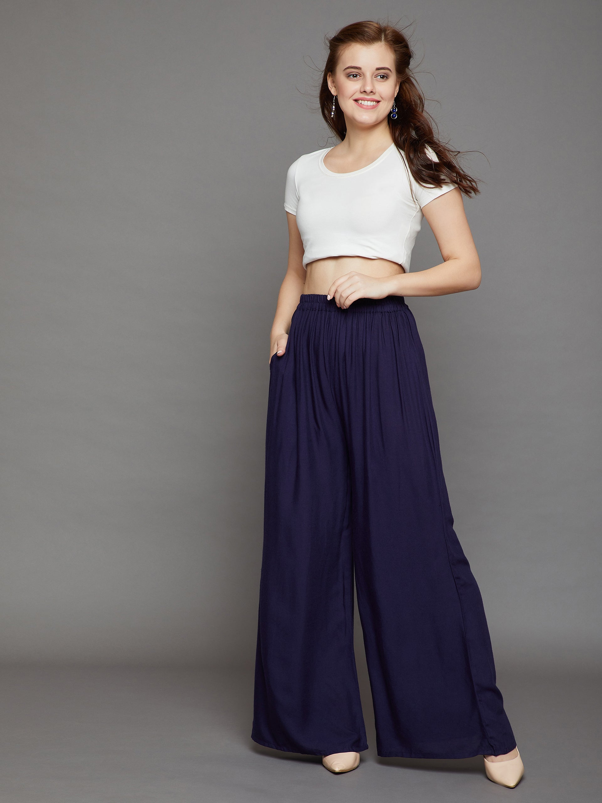 Navy Blue Plain Rayon Palazzo