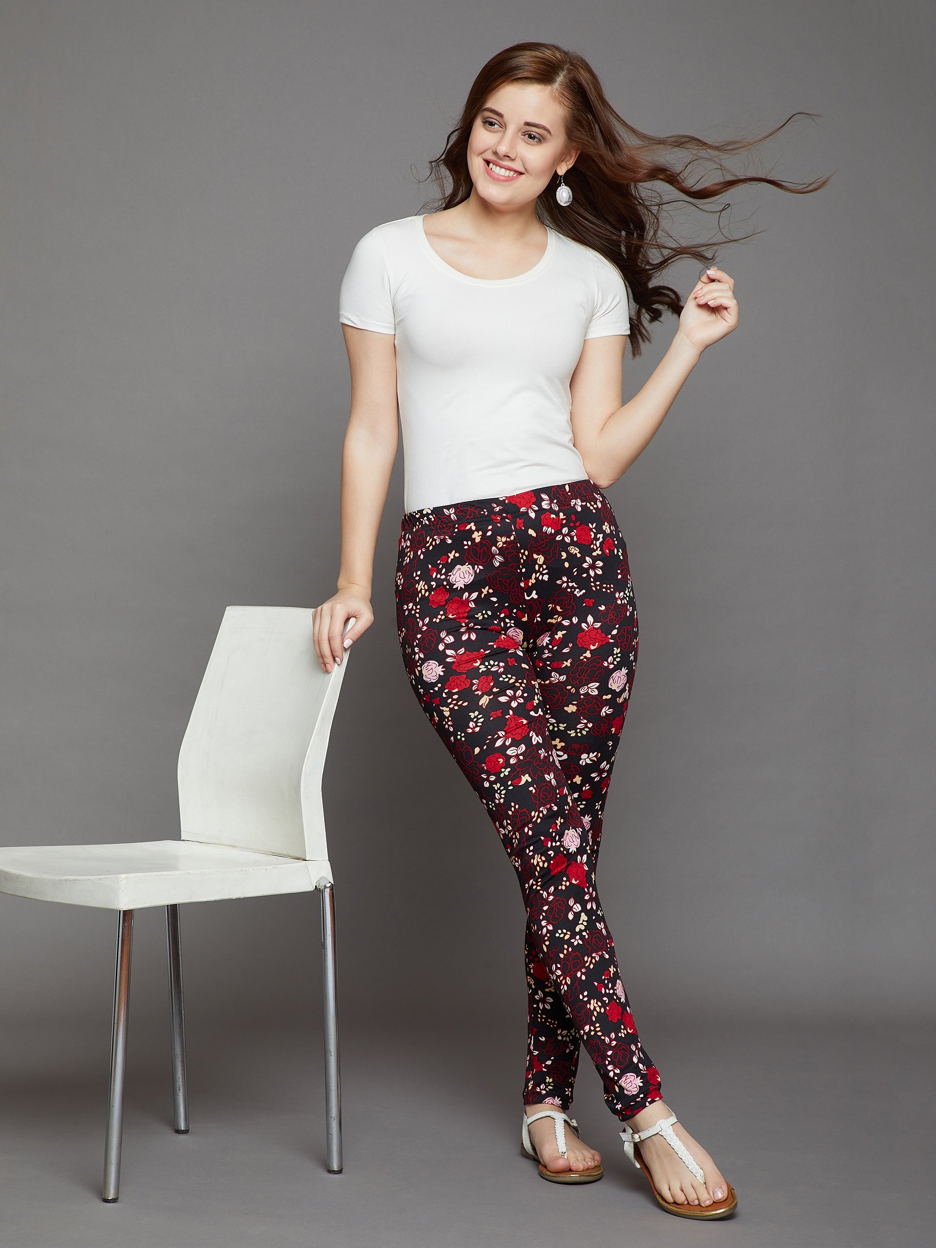 Red Floral Printed Legging Free Size