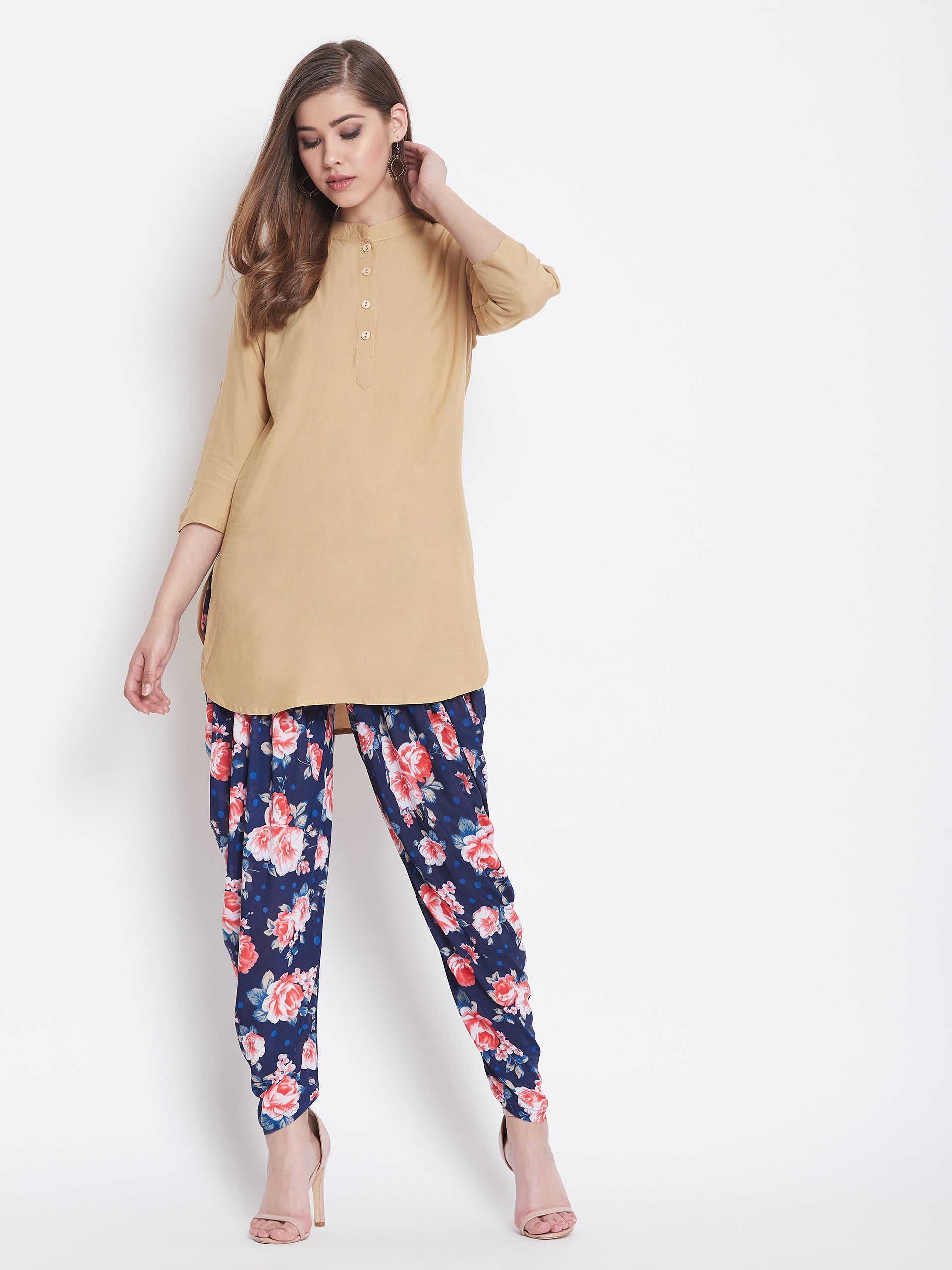 Pink and Blue Floral Printed Dhoti