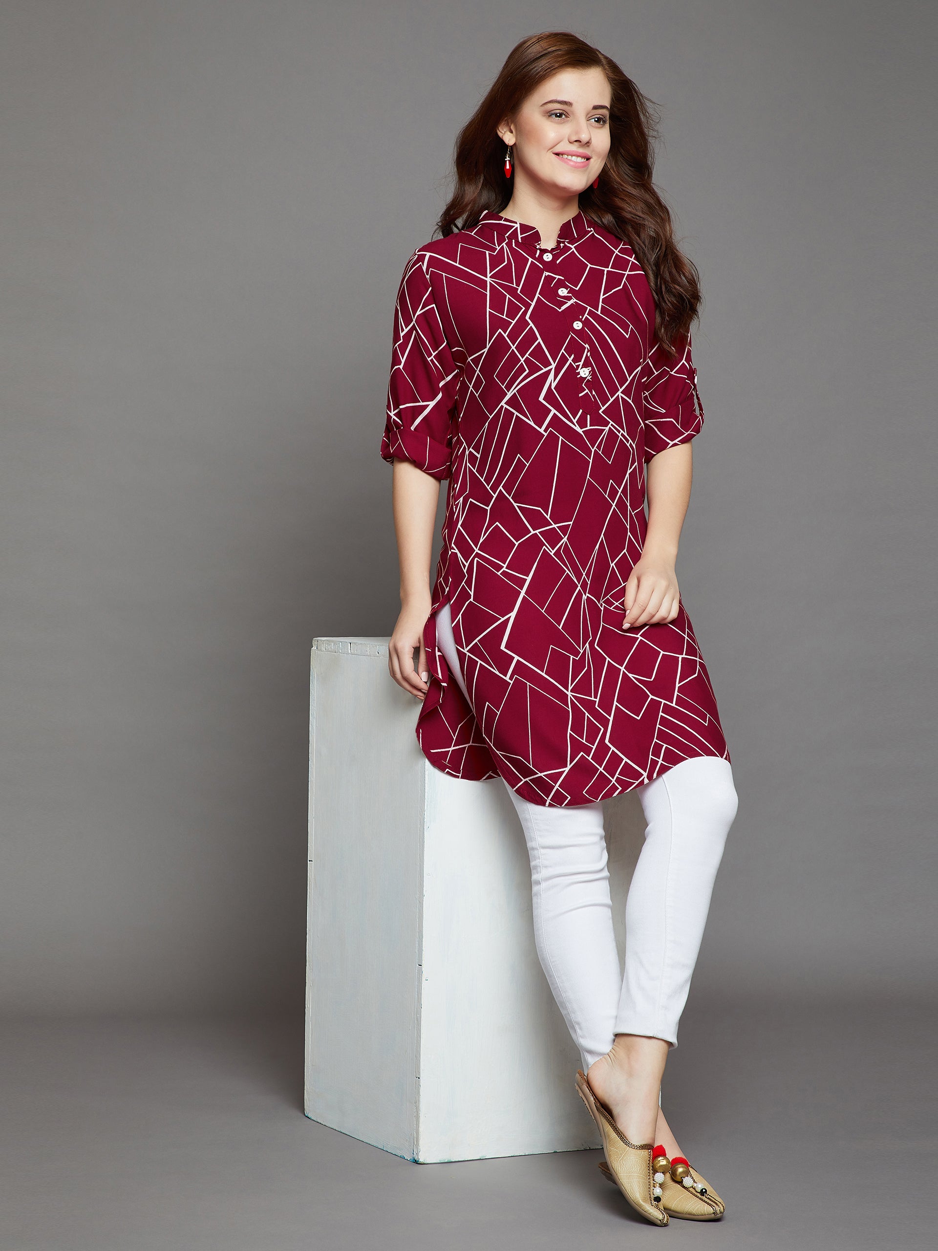Maroon Geometry Printed Kurti One Size