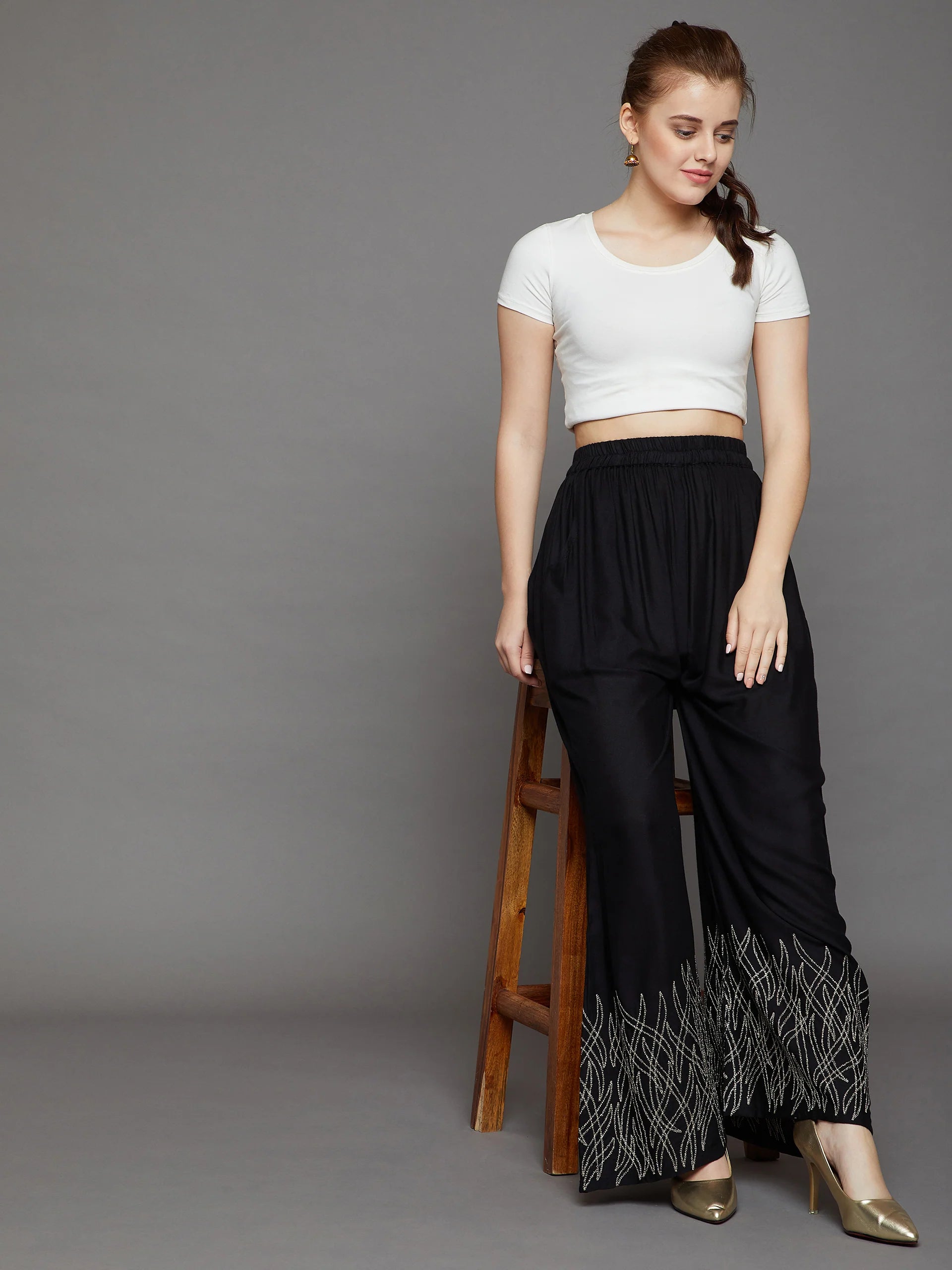 Navy Blue Embroidery Palazzo L Black