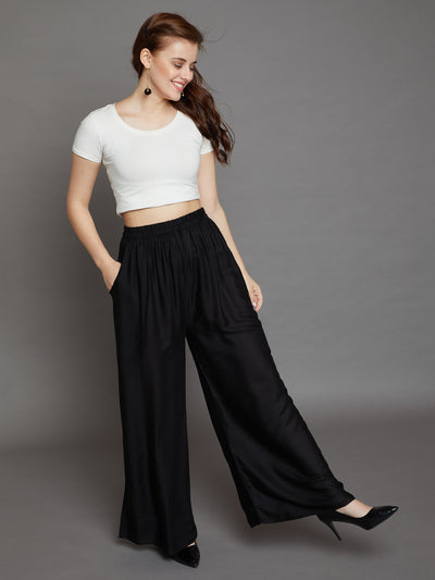 Black Plain Rayon Palazzo L Black