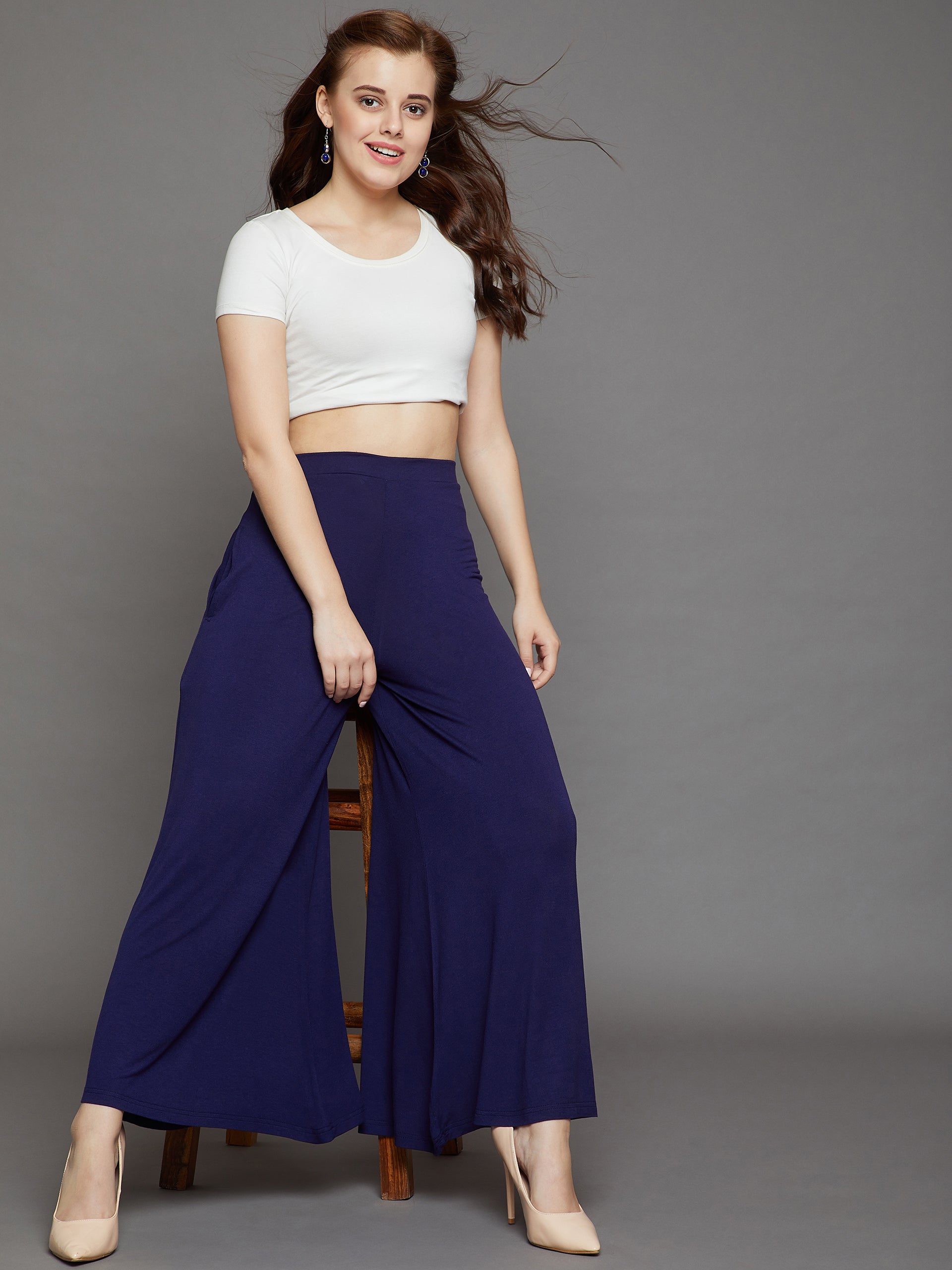 Navy Blue Plain Viscose Palazzo