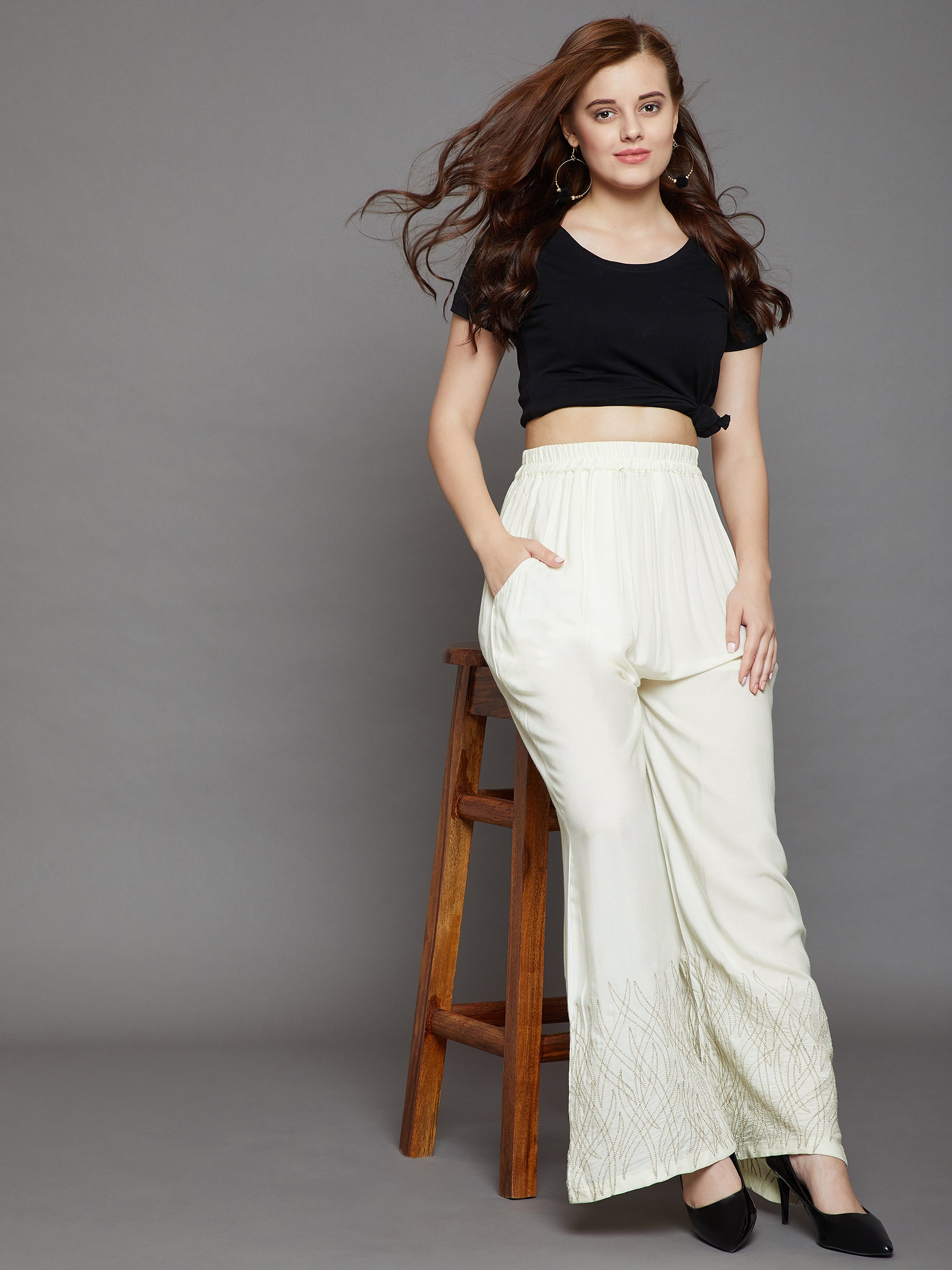 Off White Embroidery Palazzo L Ivory