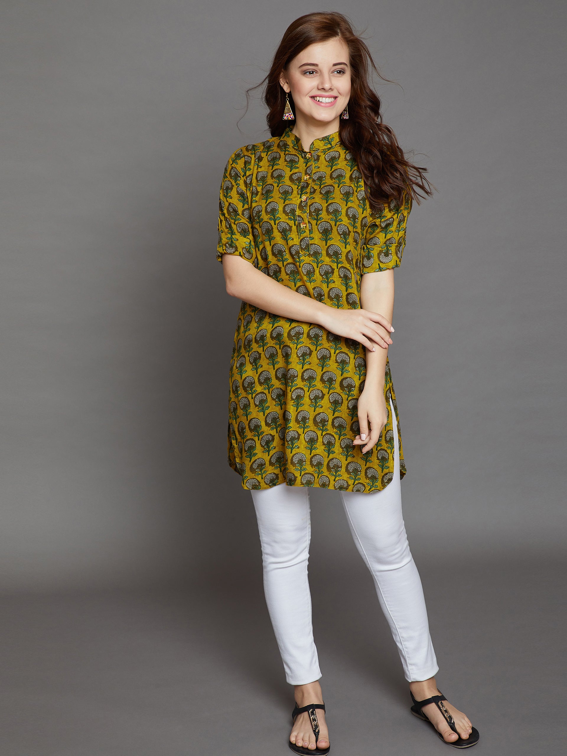 Mustard Printed Kurti One Size