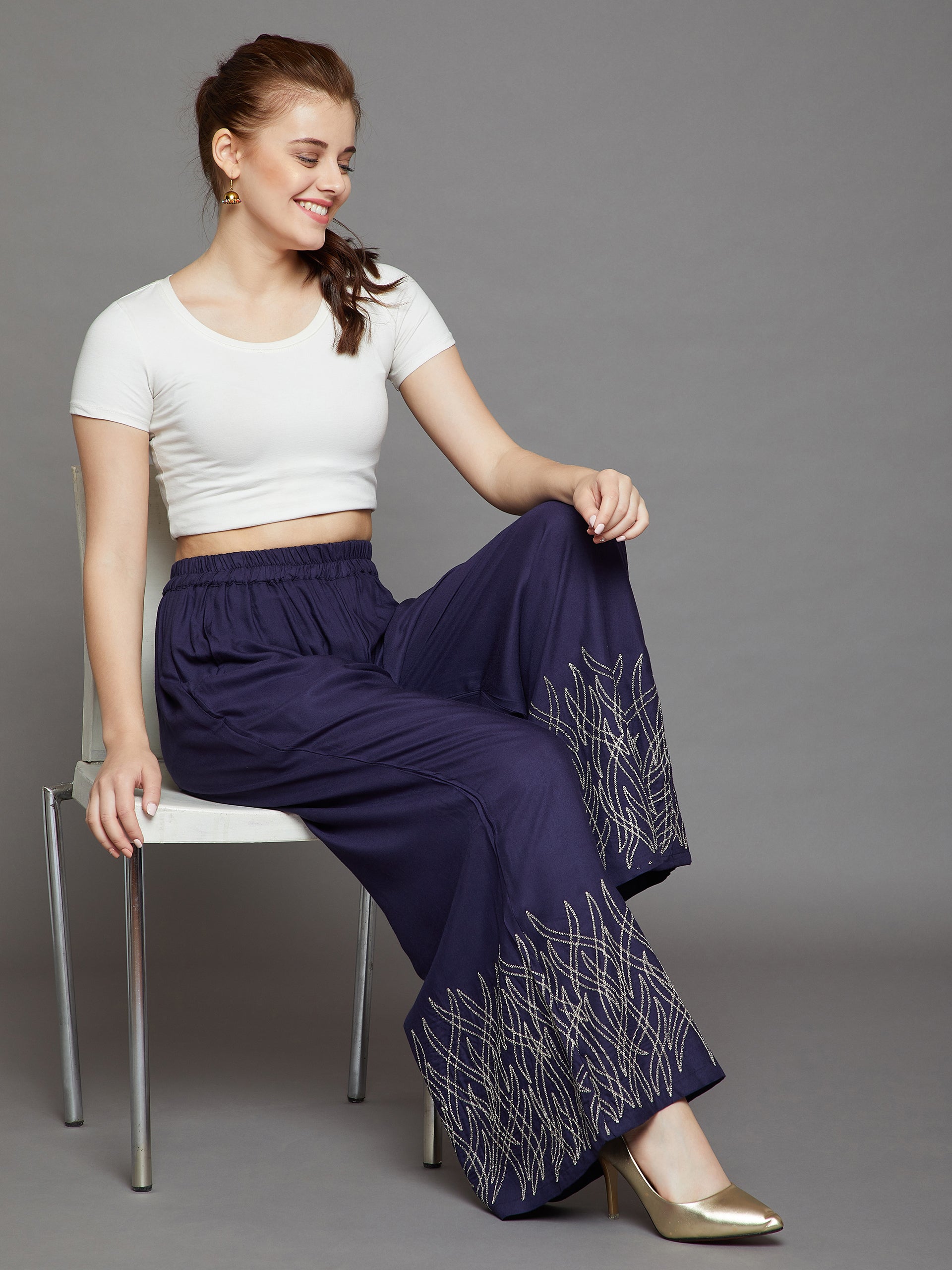 Navy Blue Embroidery Palazzo L Navy