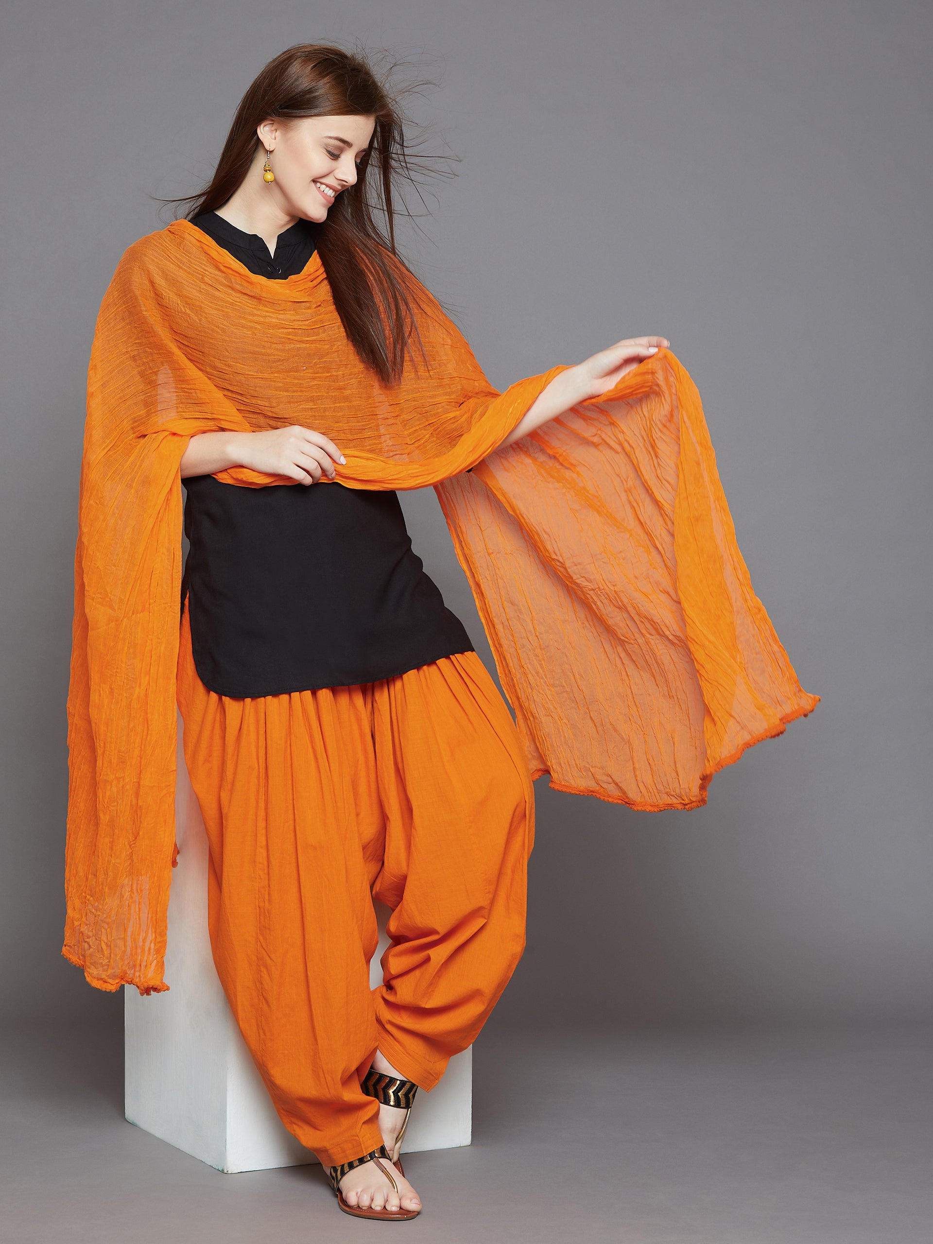 Orange Cotton Plain Patiala with Dupatta
