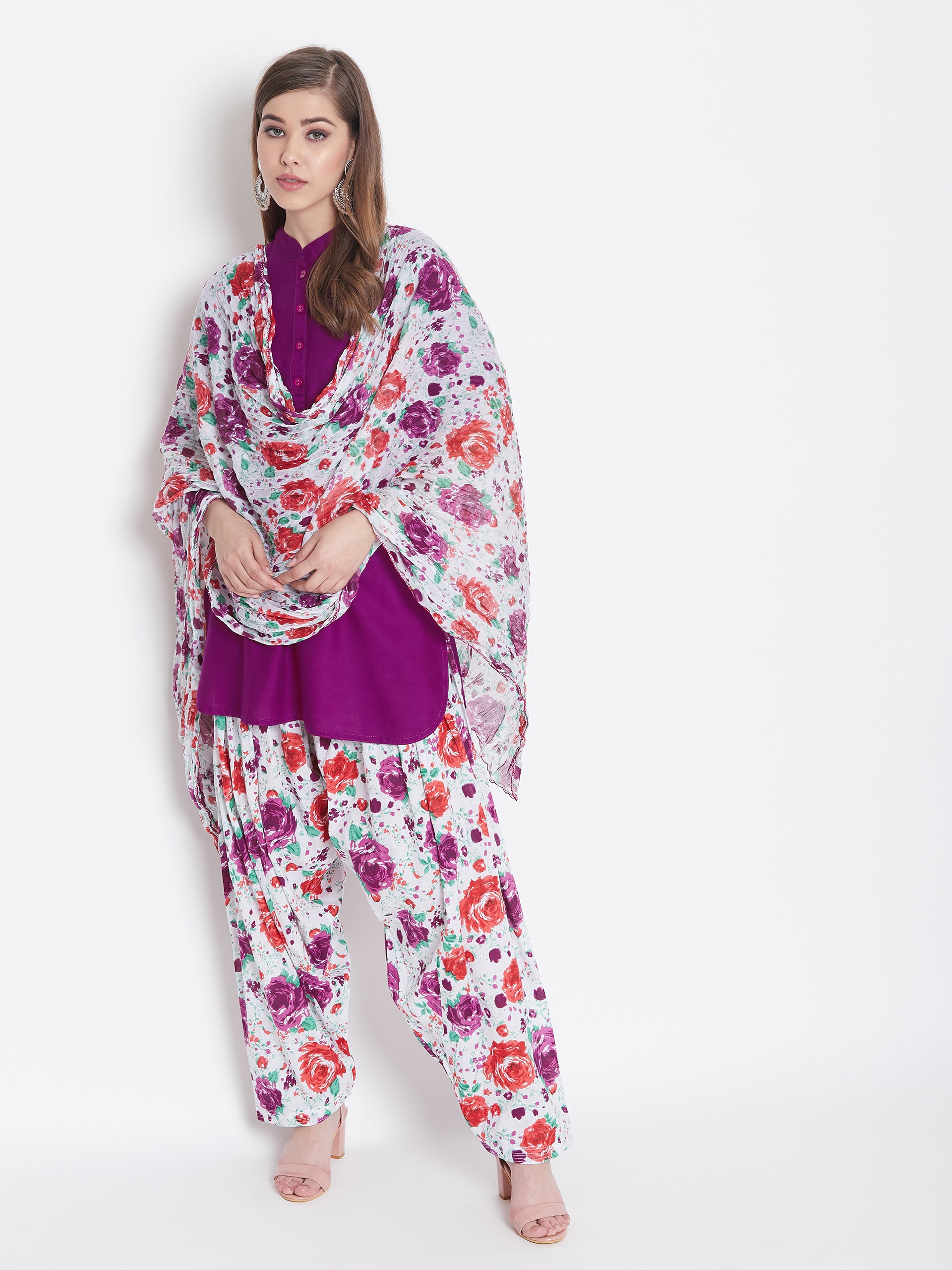 Floral Print Patiala with Purple Kurti Set