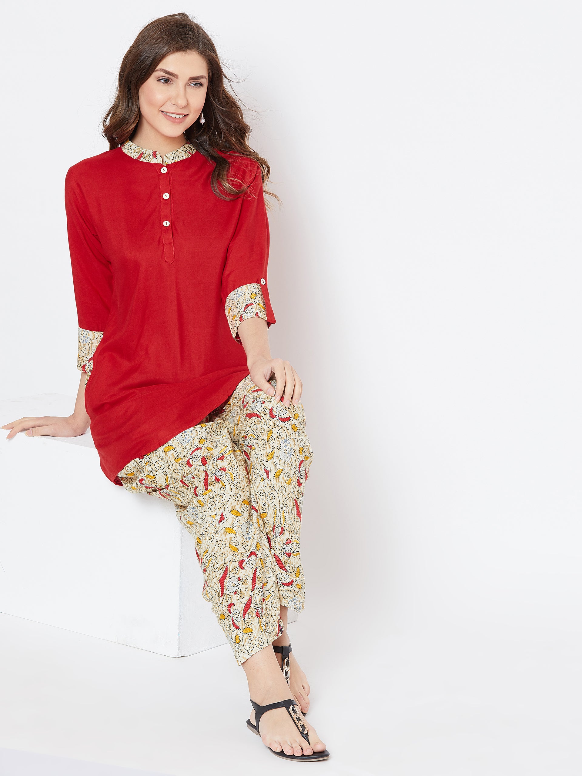 Red with Knitted Swirls Print Dhoti Set