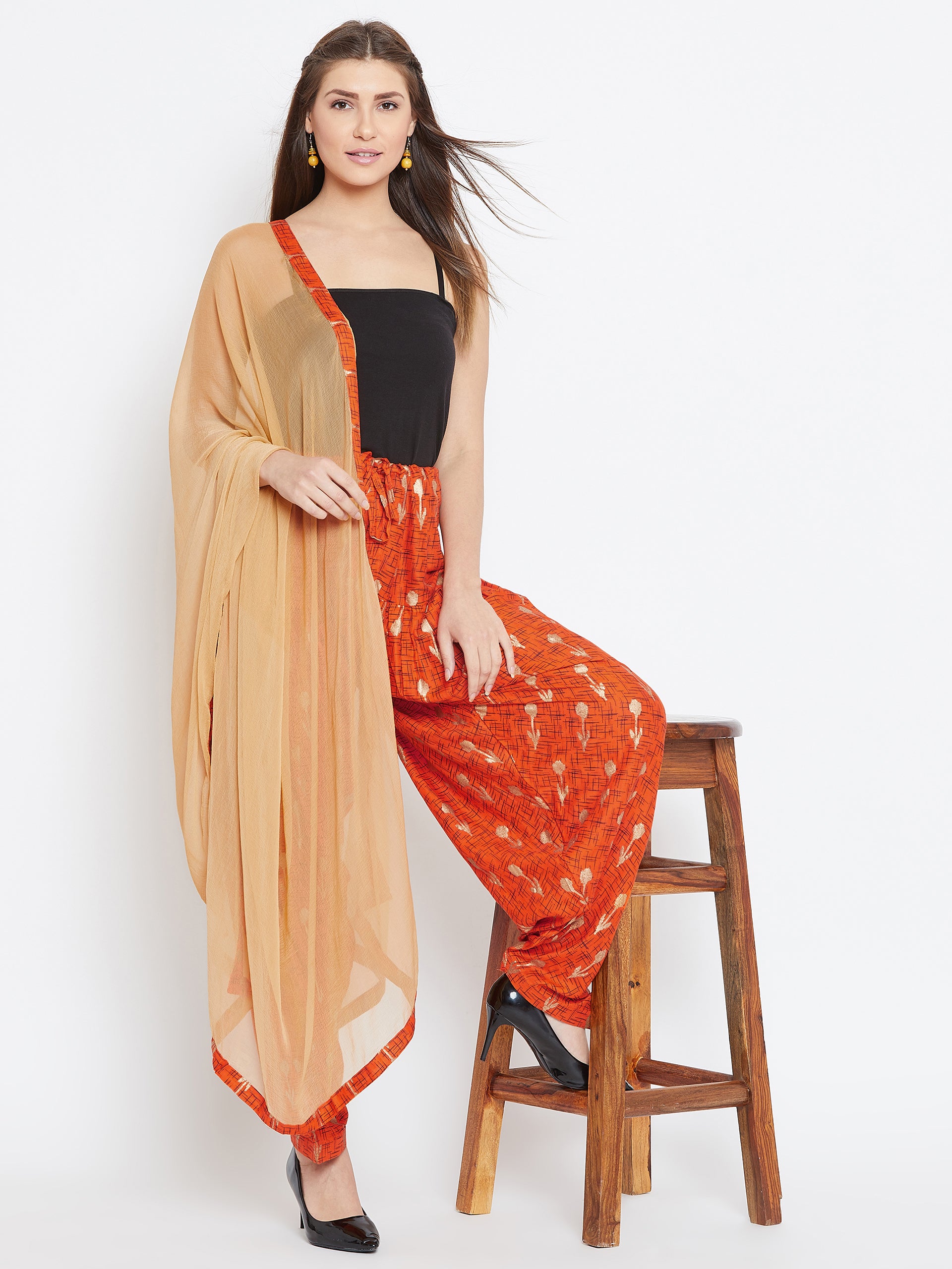 Orange Abstract with Foil Print Rayon Patiala with Dupatta