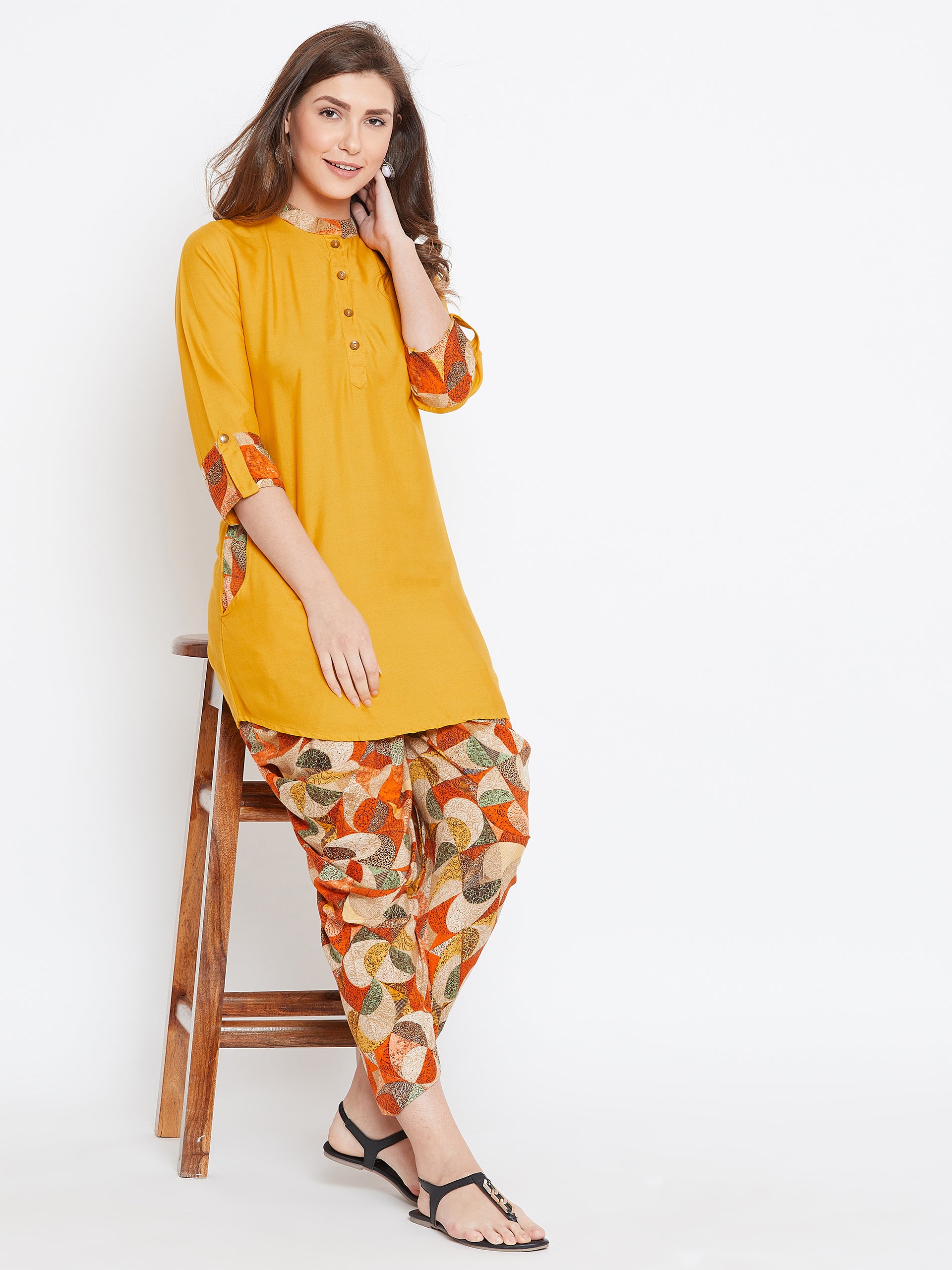 Mango Yellow with Geometric Print Dhoti Set