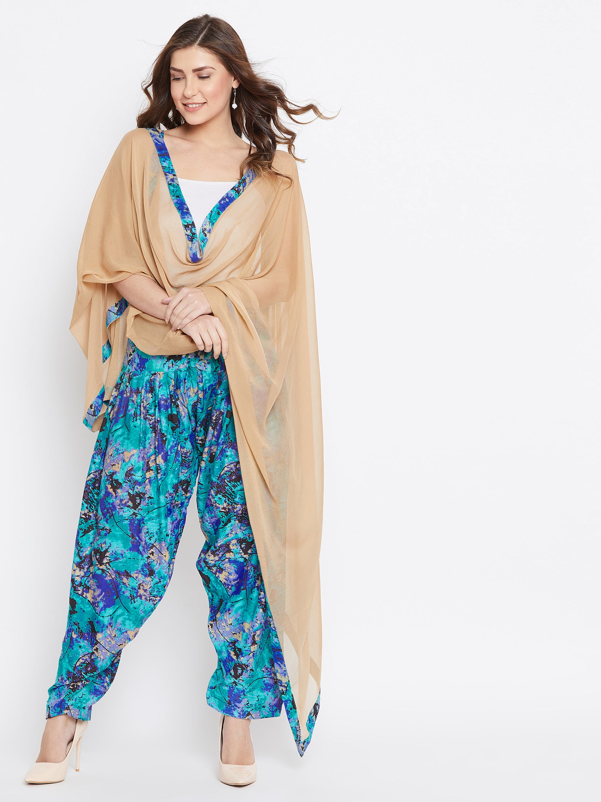 Blue Abstract Print Rayon Patiala with Dupatta