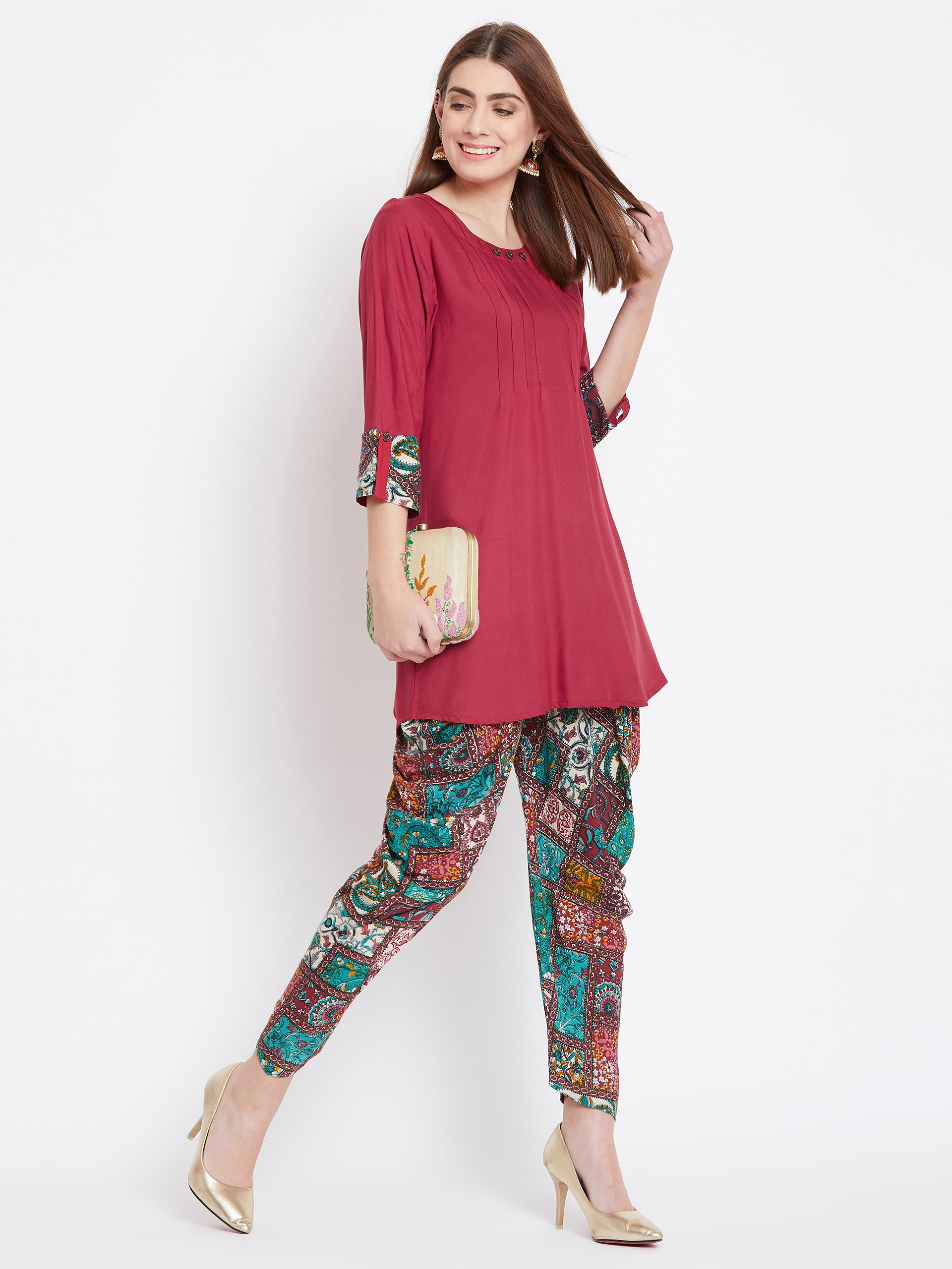 Maroon Kurti With Bohemain Dhoti