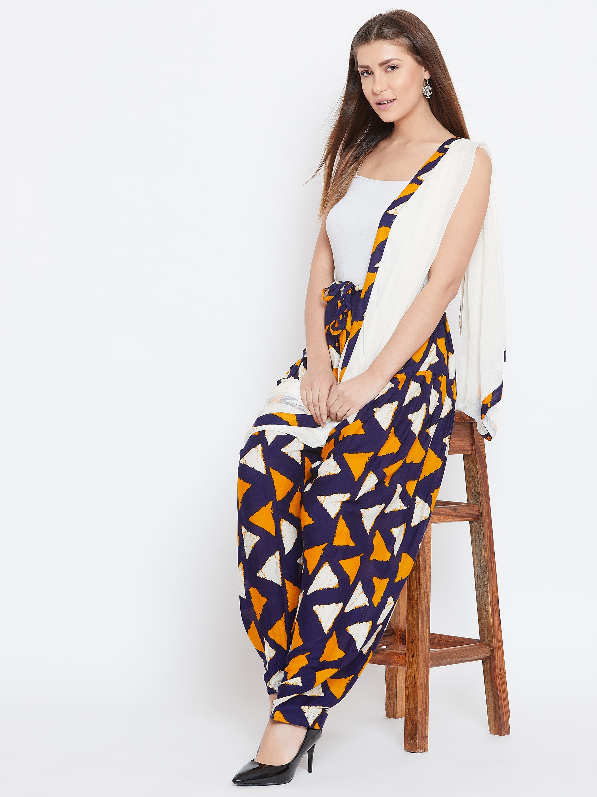 Orange & Navy Blue Geometrical Print Rayon Patiala with Dupatta