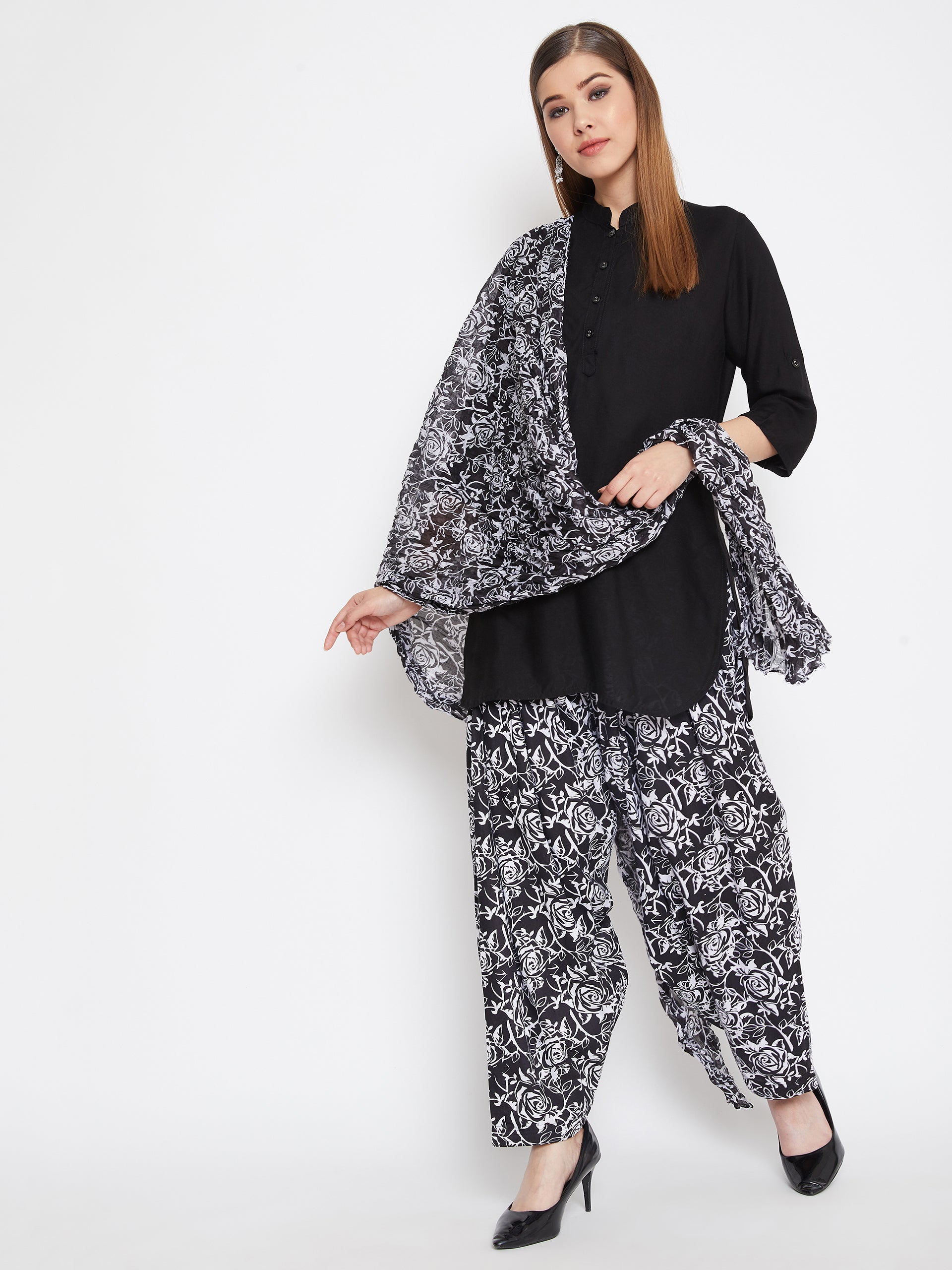 Rose print Patiala with Black Kurti Set