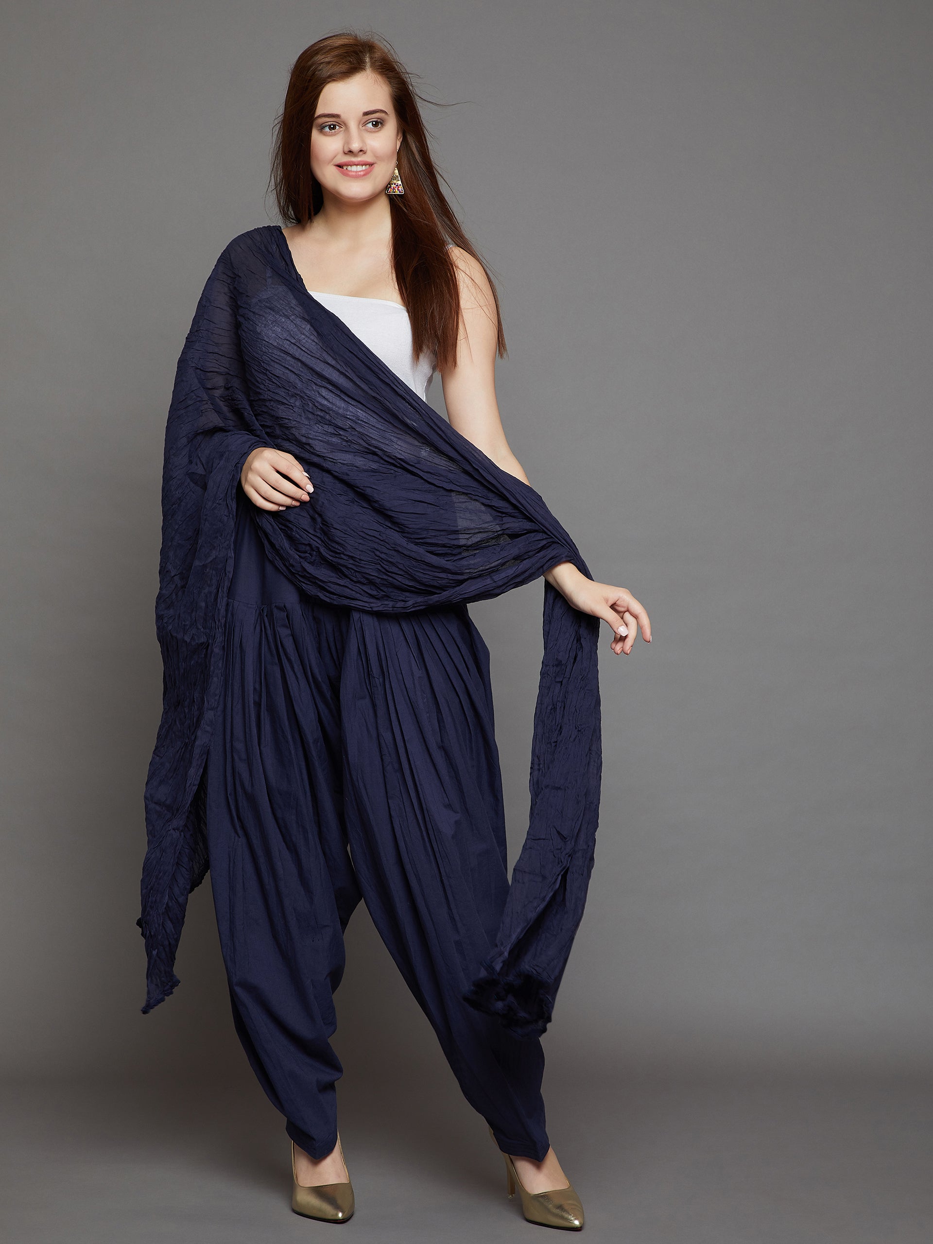 Navy Blue Cotton Plain Patiala with Dupatta