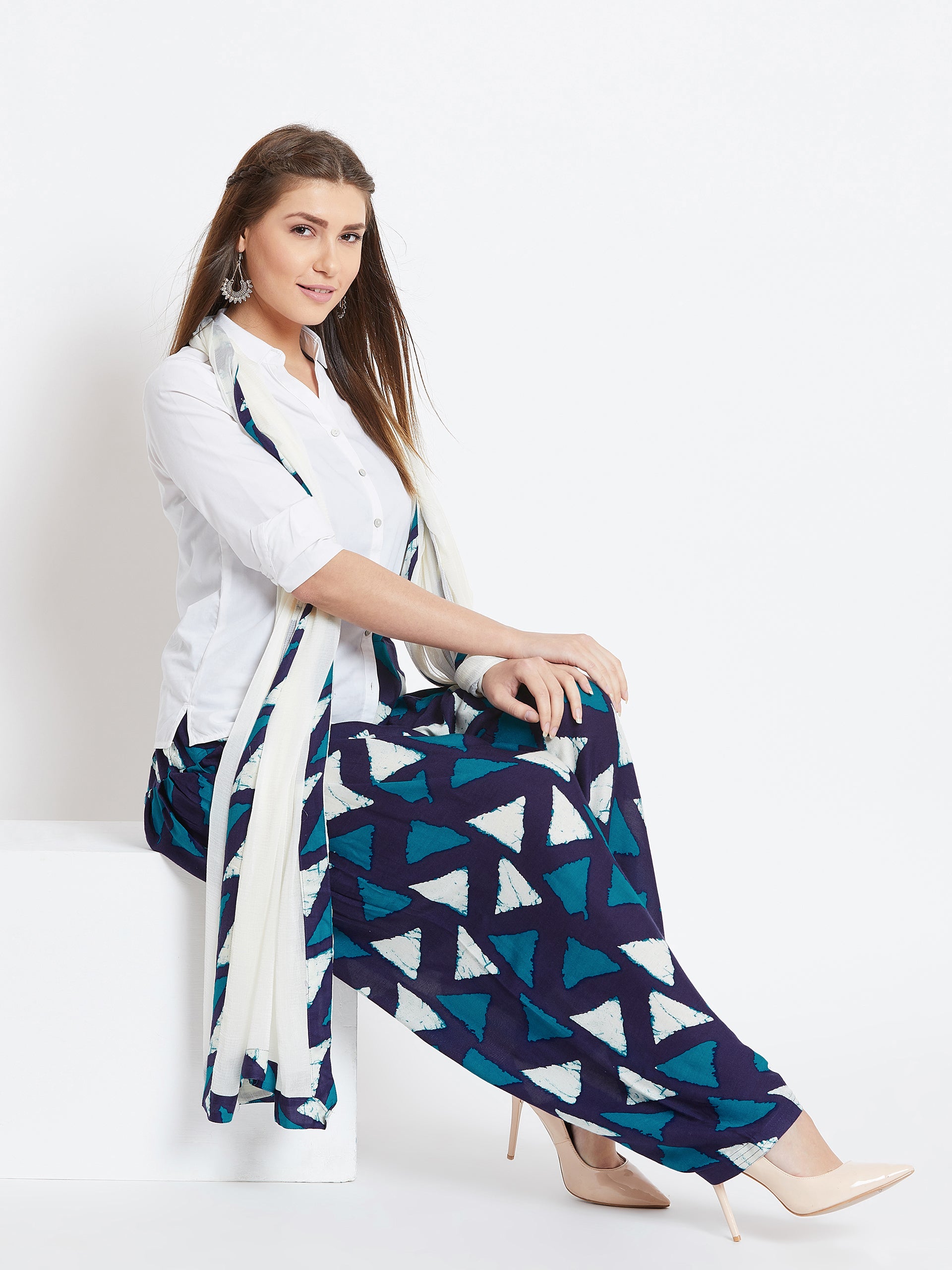 Geometric Pattern Navy Blue Printed Rayon Patiala with Dupatta Free Size