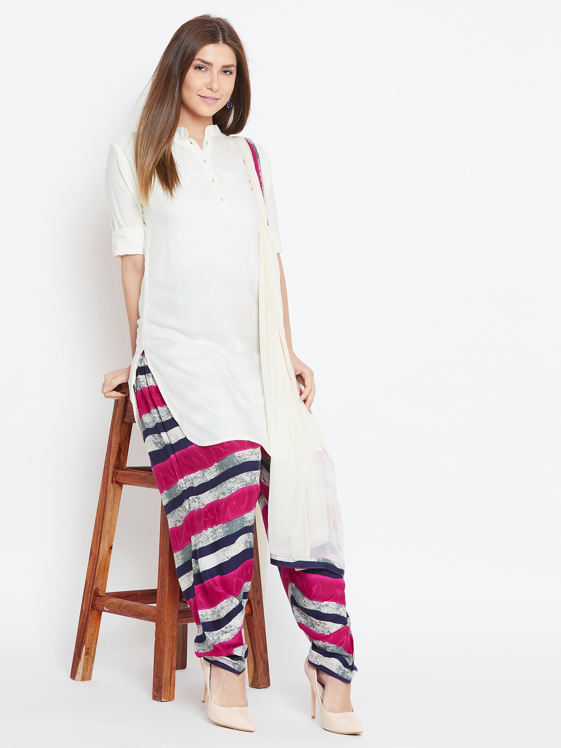 Striped Pattern Rayon Printed Patiala with Dupatta Free Size