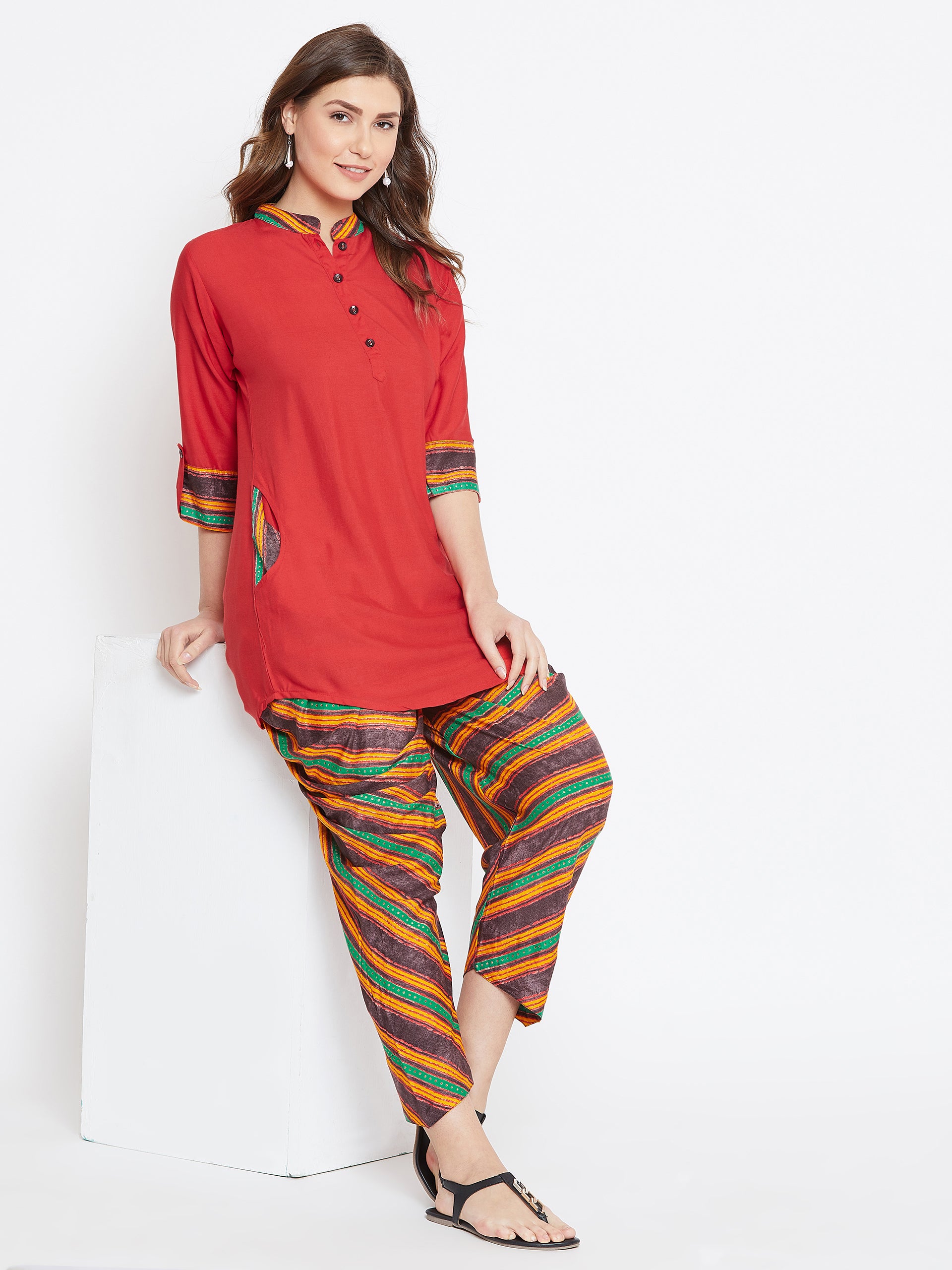 Red with Multi-striped Print Dhoti Set