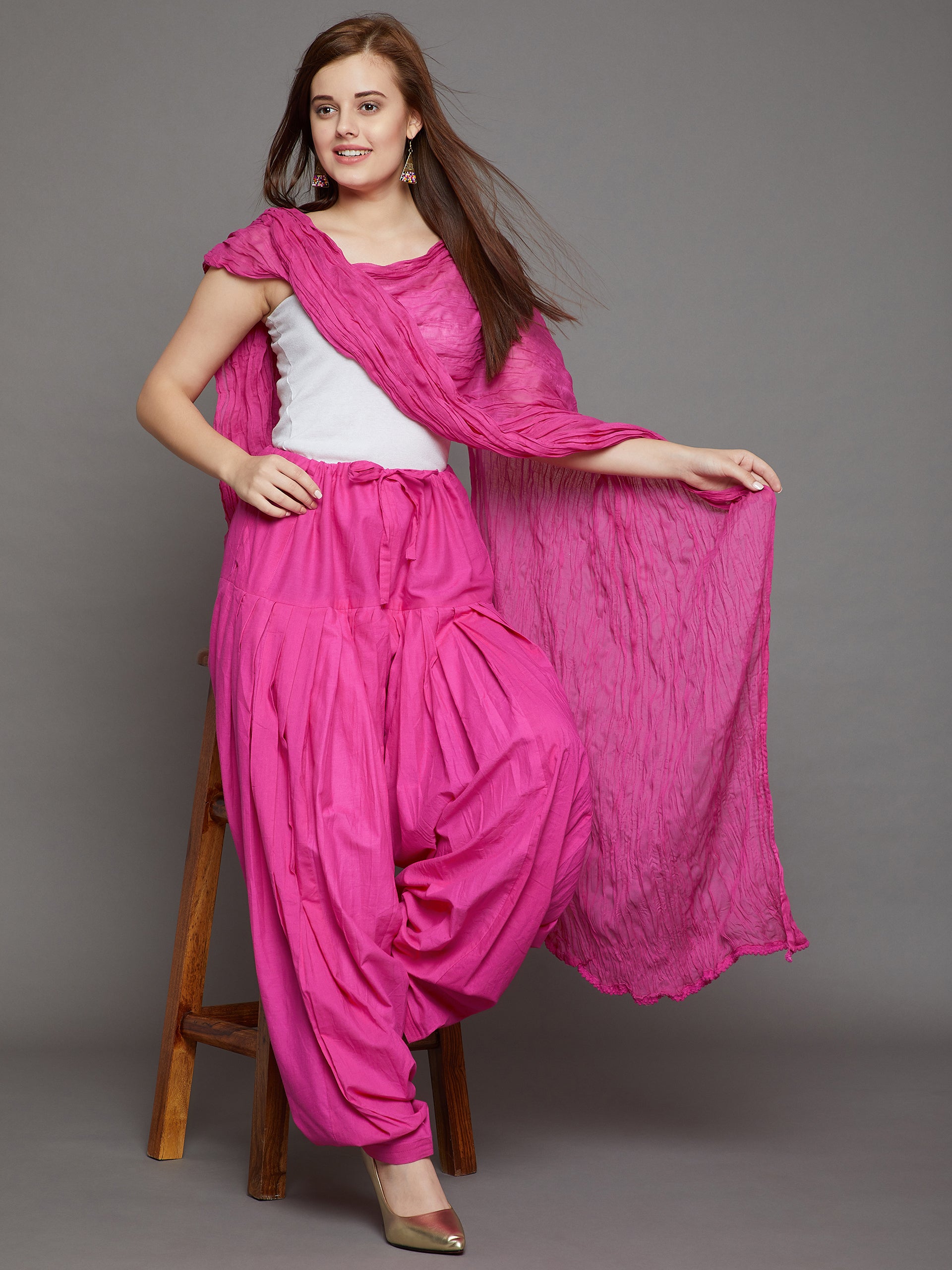 Pink Cotton Plain Patiala with Dupatta