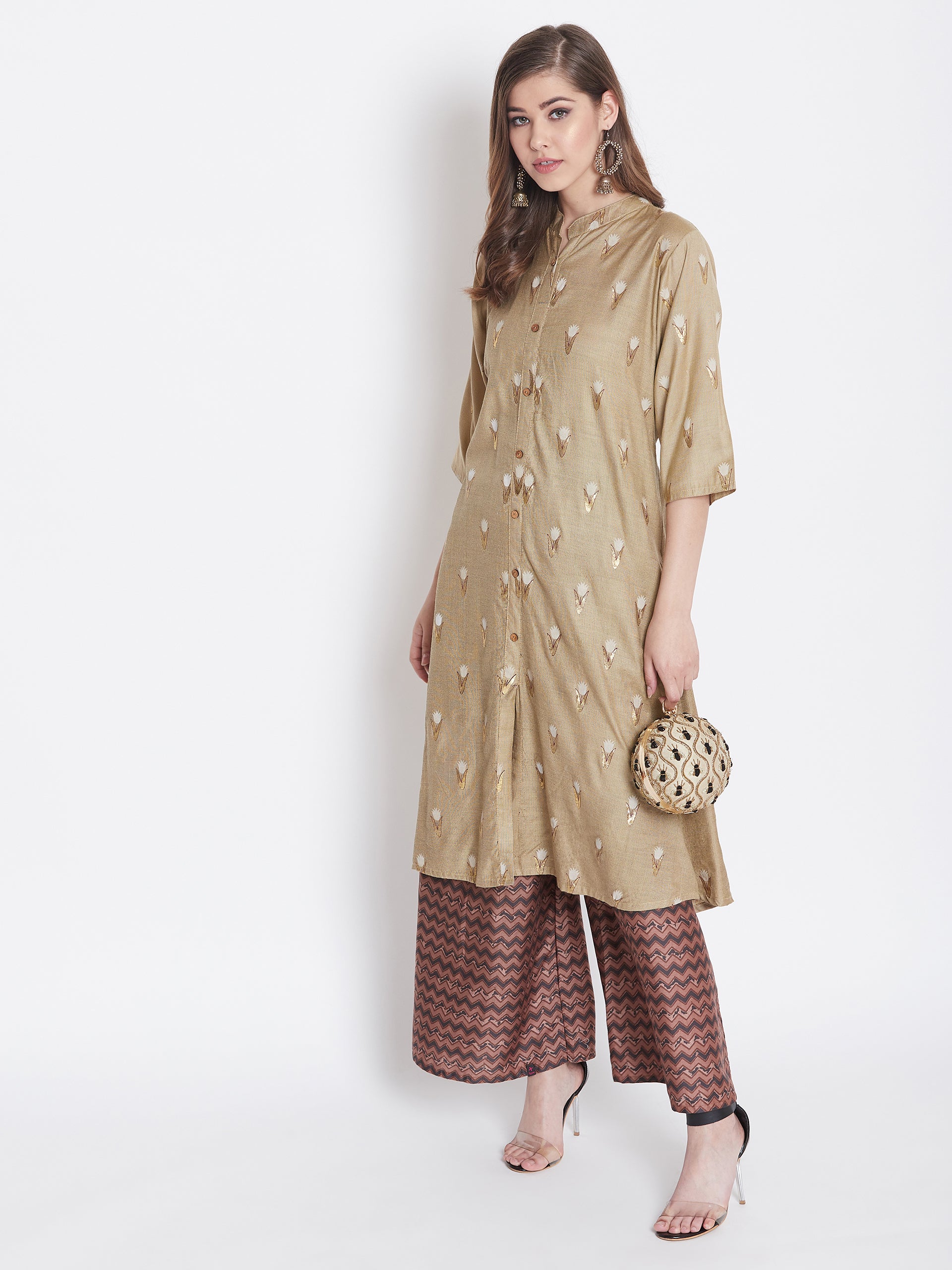 Glitter Printed Tan brown and Redwood Kurti with Palazzo