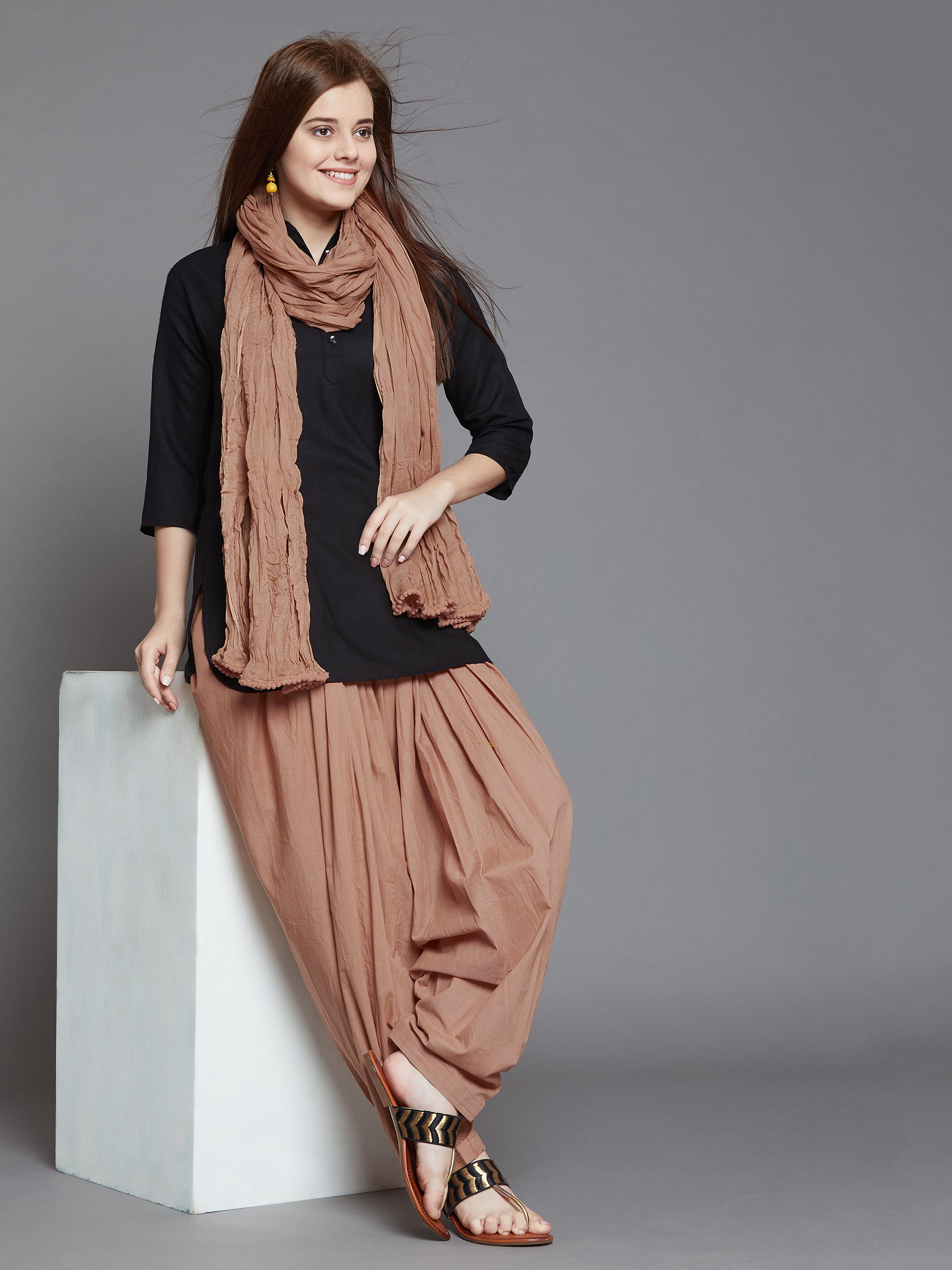 Brown Cotton Plain Patiala with Dupatta Free Size