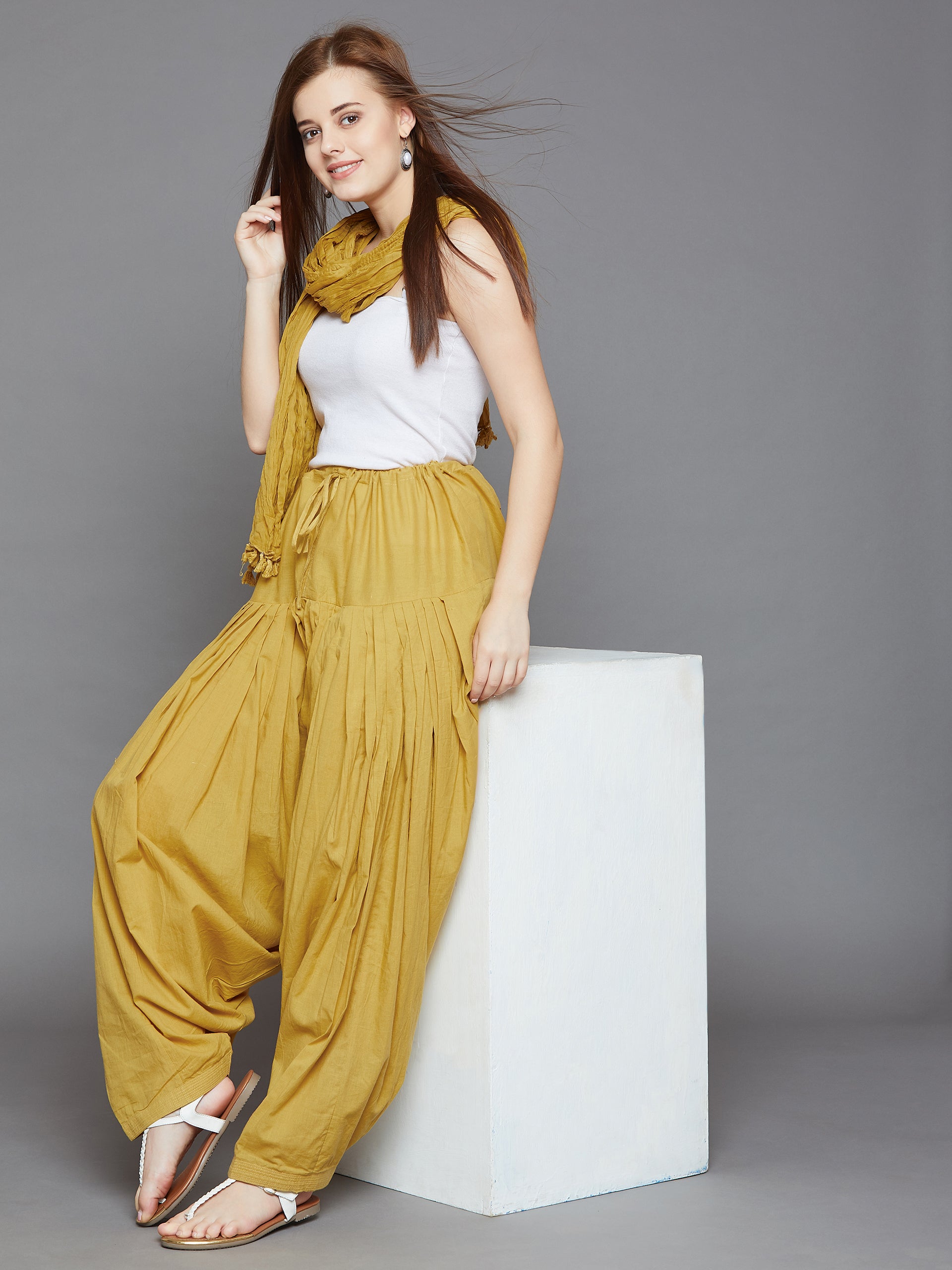 Mustard Cotton Plain  Patiala with Dupatta