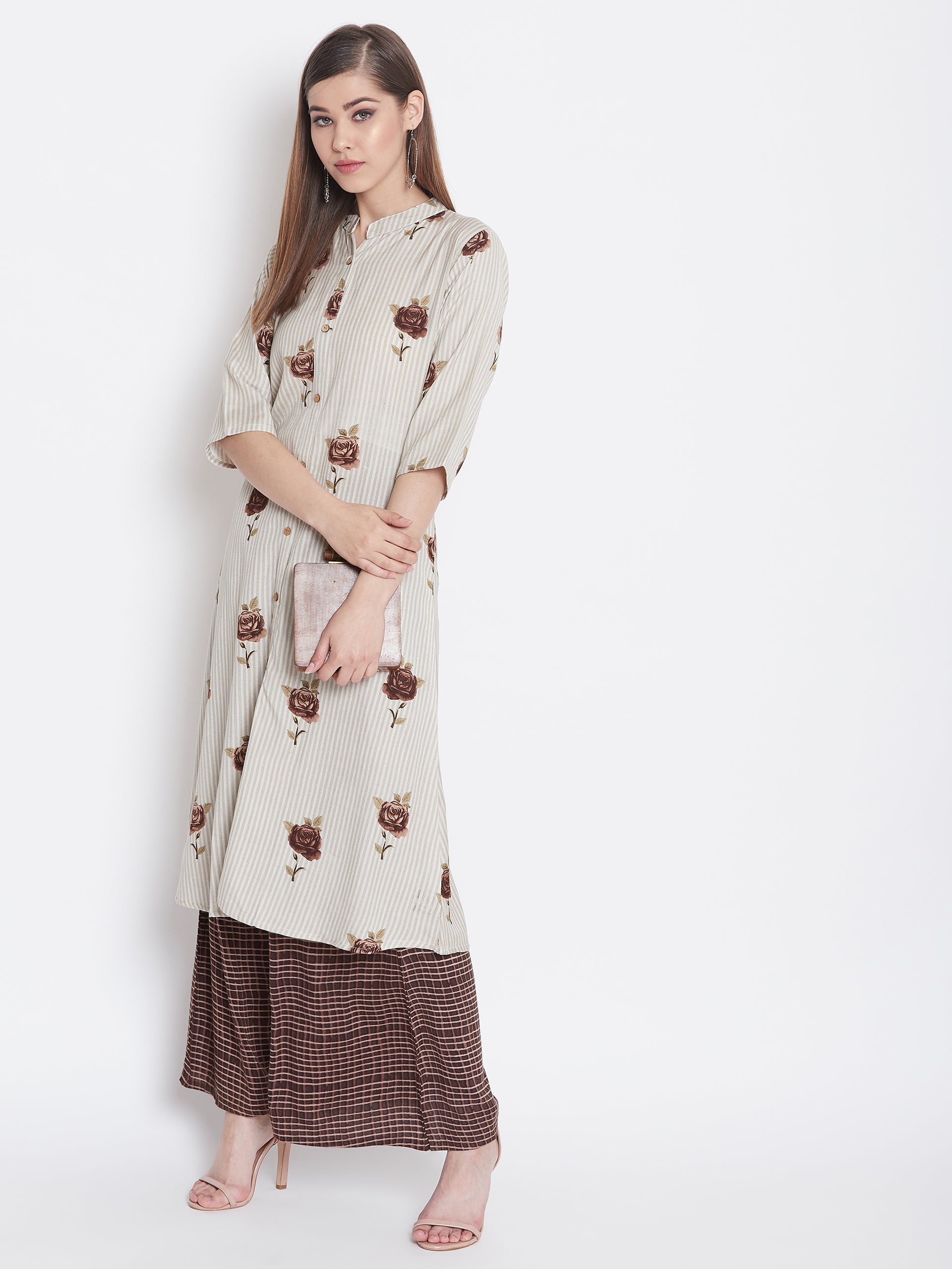 Rose Printed brown and White Kurti with Palazzo
