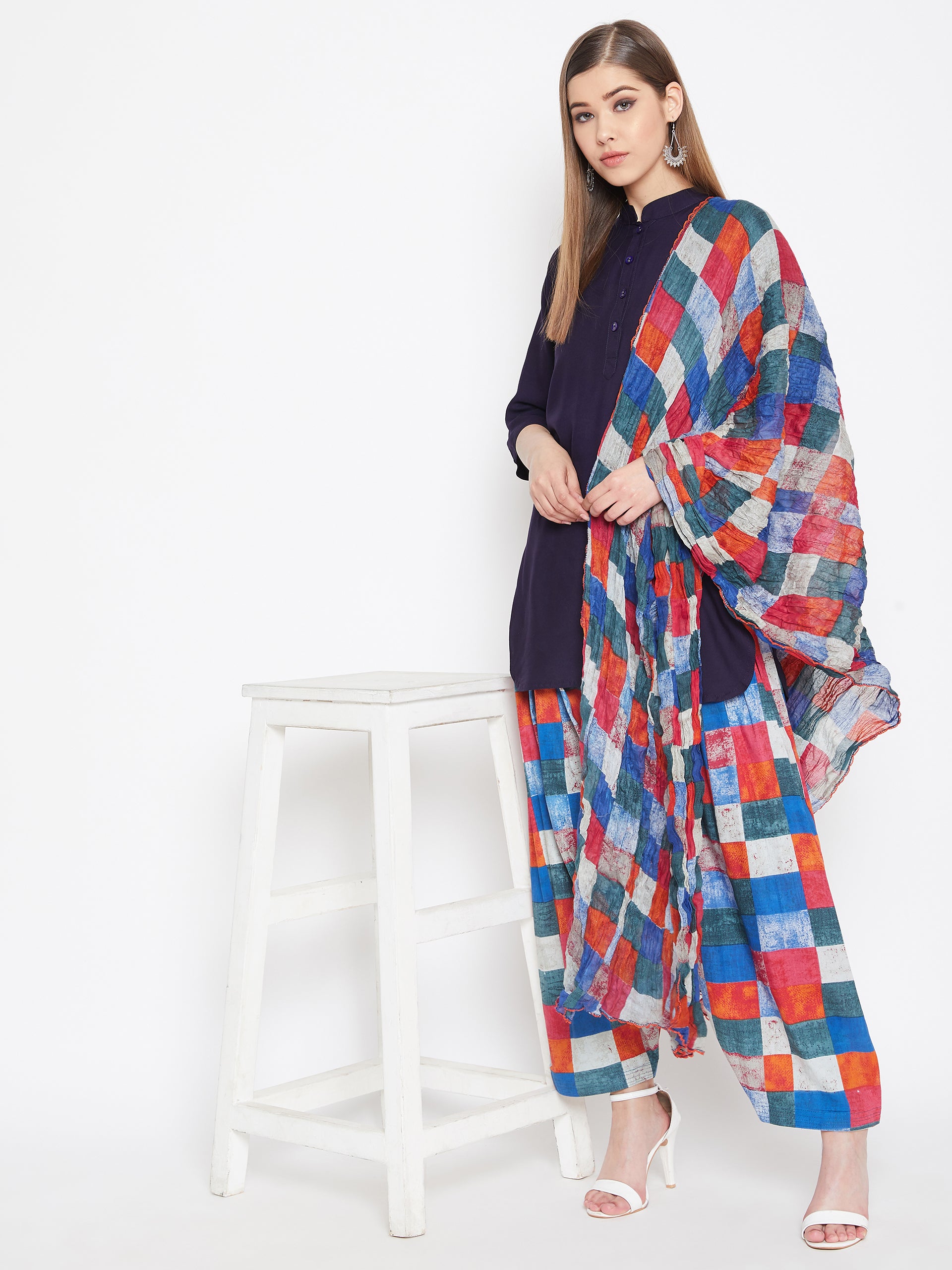 Multicolour Checks Printed Cotton Patiala with Dupatta
