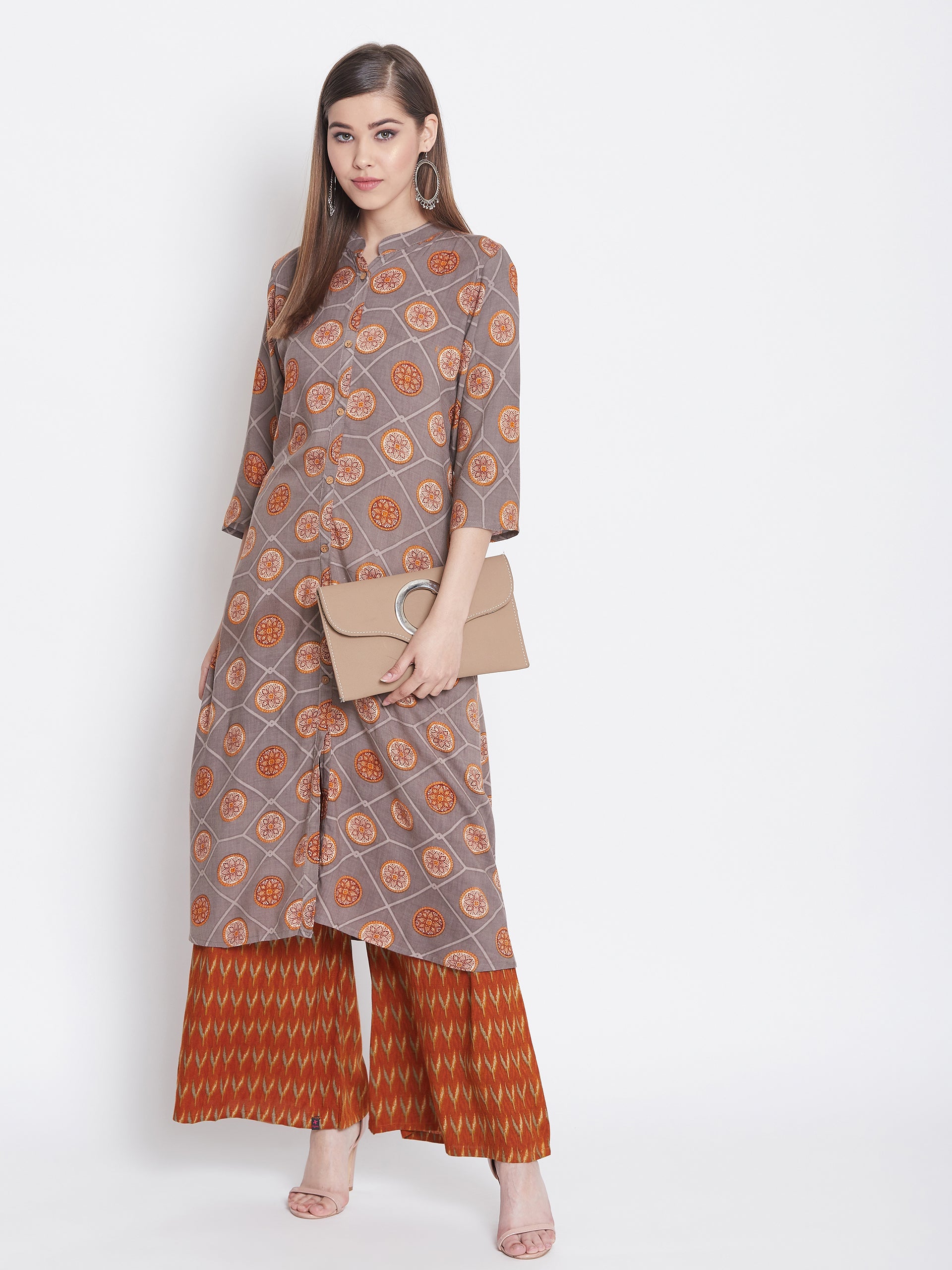 Printed sand wisp and maroon Kurti with palazzo