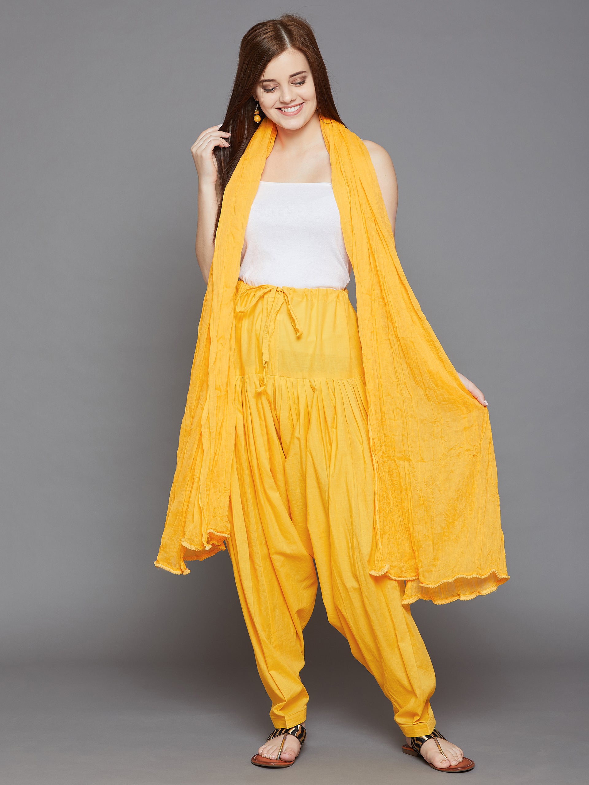 Yellow Cotton Plain Patiala with Dupatta Free size