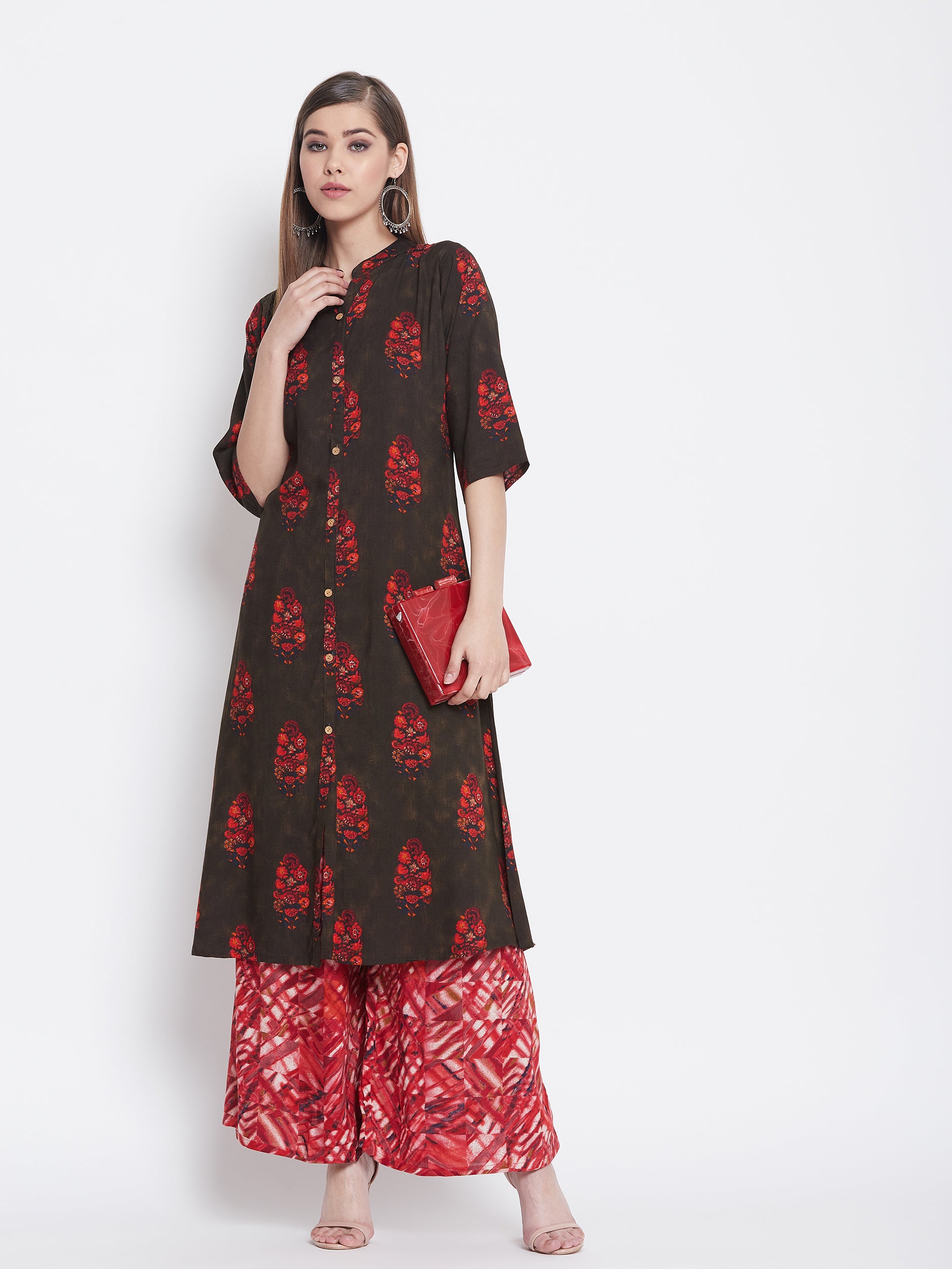 Printed Livid Brown and Red Kurti with Palazzo