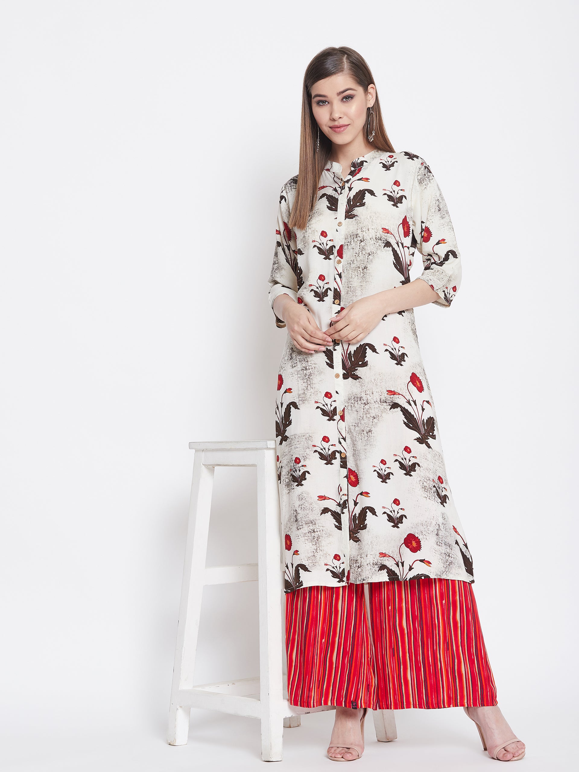 Floral Printed White and Red Kurti with Palazzo